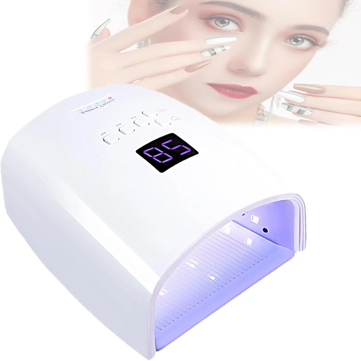 دستگاه حرفه ای خشک کن لاک ناخن، دستگاه بی سیم با باتری داخلی، تایمر 5 سرعته، 33 لامپ LED، دارای صفحه نمایش LED، حسگر هوشمند، مناسب برای سالن و منزل، سفید