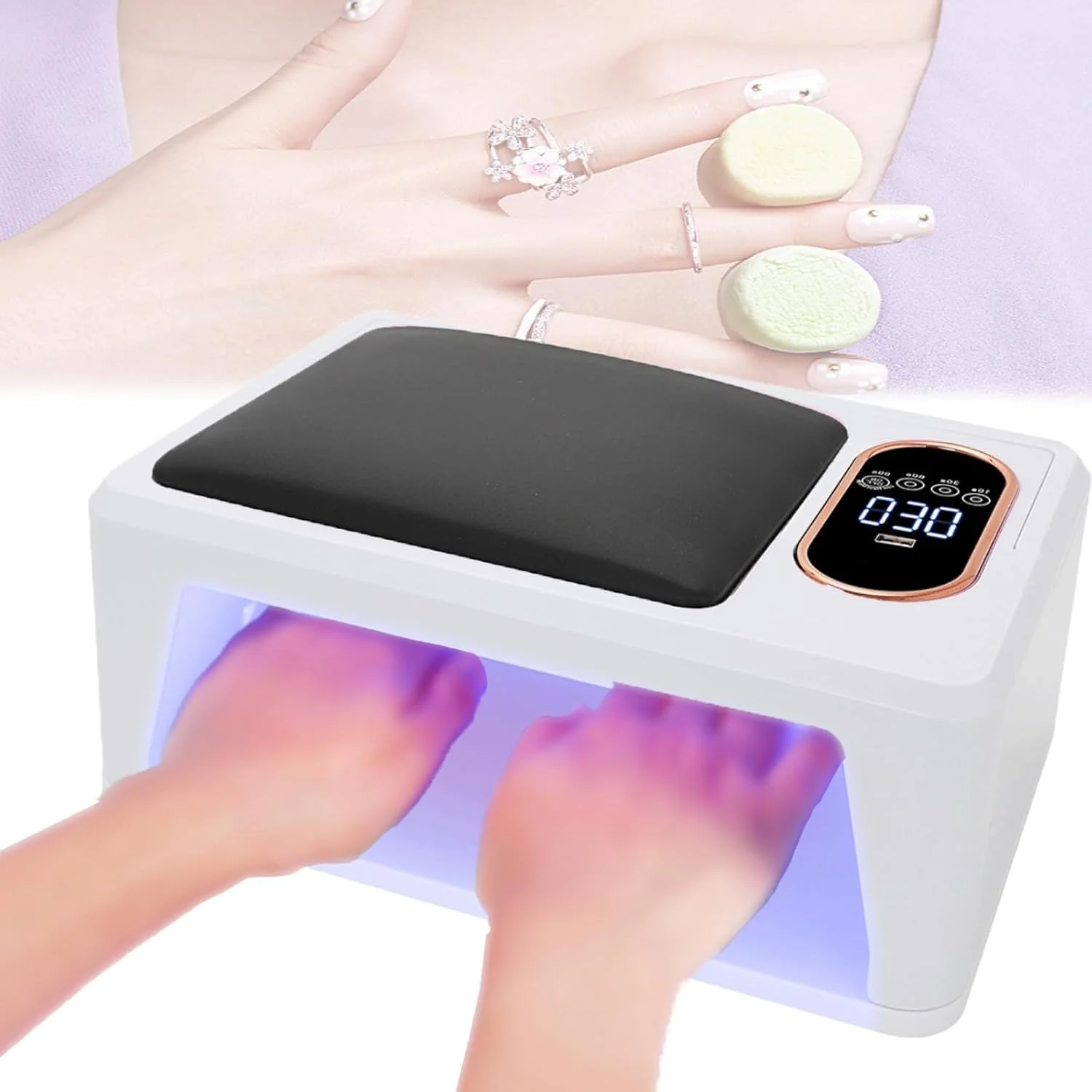 دستگاه خشک کن لاک ناخن هوشمند با دو منبع نور، 288 وات، دارای صفحه نمایش ال سی دی، پد دست پی وی، تایمر 4 سرعته، 90 لامپ ال ای دی، مناسب برای ناخن های دست و پا، مشکی