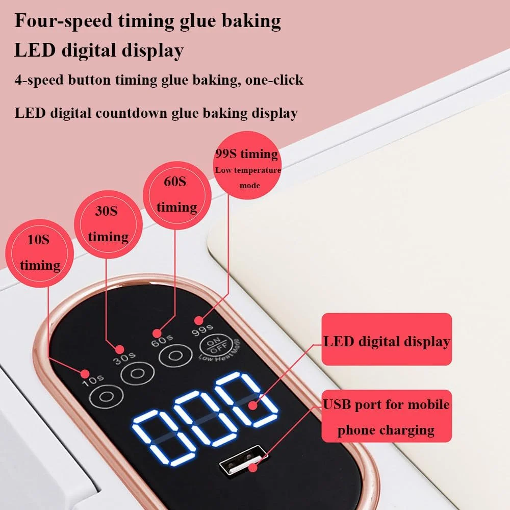 دستگاه خشک کن لاک ناخن هوشمند با دو منبع نور، 288 وات، دارای صفحه نمایش ال سی دی، پد دست پی وی، تایمر 4 سرعته، 90 لامپ ال ای دی، مناسب برای ناخن های دست و پا، مشکی