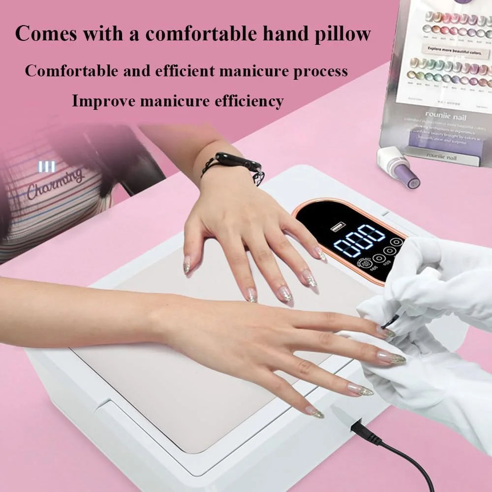 دستگاه خشک کن لاک ناخن هوشمند با دو منبع نور، 288 وات، دارای صفحه نمایش ال سی دی، پد دست پی وی، تایمر 4 سرعته، 90 لامپ ال ای دی، مناسب برای ناخن های دست و پا، مشکی