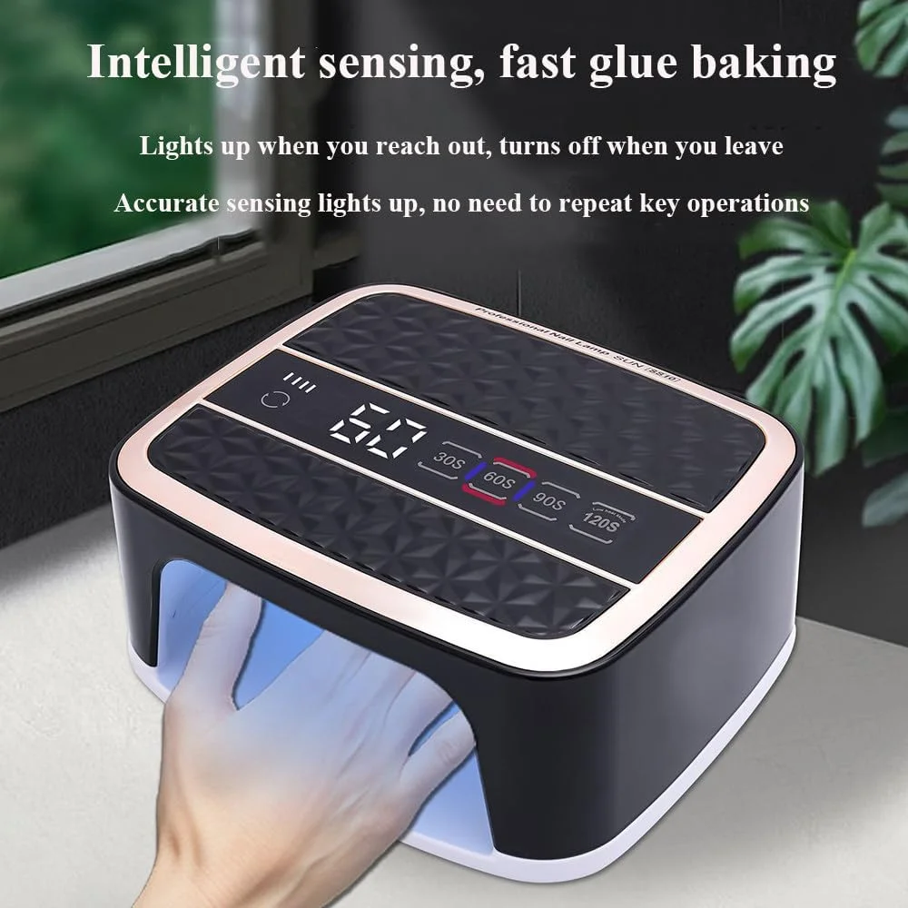 دستگاه خشک کن لاک ژل یو وی، 168 وات، با حسگر هوشمند، دارای 42 لامپ ترکیبی، تایمر 4 حالته، سینی جداشدنی، خشک کردن سریع ناخن، لوازم جانبی مانیکور، مشکی