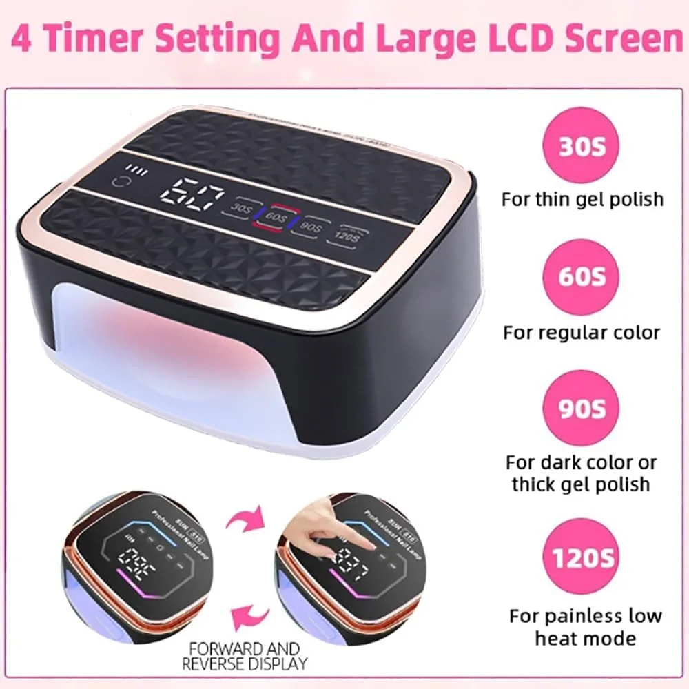 دستگاه خشک کن لاک ژل یو وی، 168 وات، با حسگر هوشمند، دارای 42 لامپ ترکیبی، تایمر 4 حالته، سینی جداشدنی، خشک کردن سریع ناخن، لوازم جانبی مانیکور، مشکی