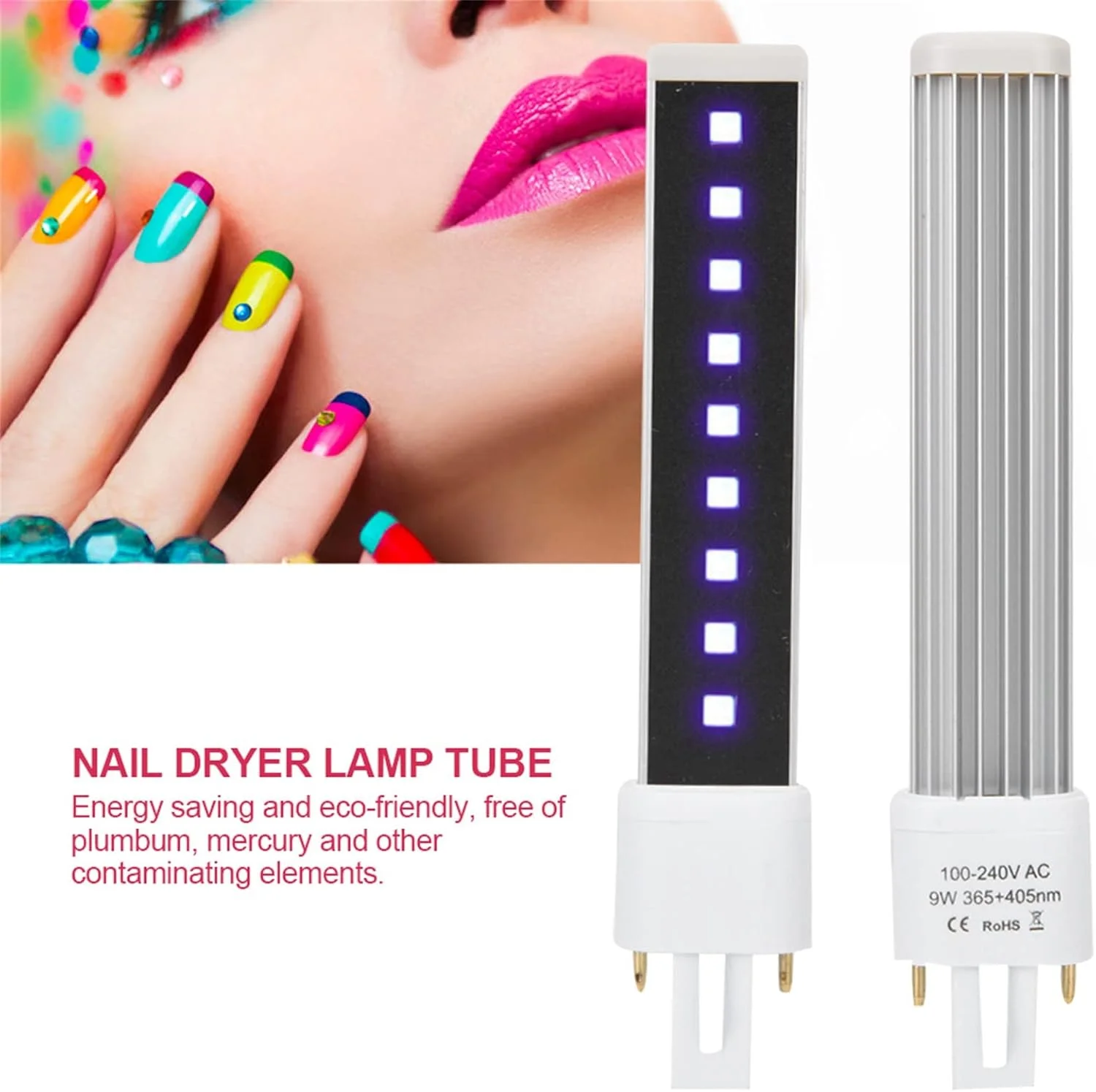 لامپ یو وی با منبع نور دوگانه 365+405 نانومتر 9 وات، لامپ جایگزین خشک کن ژل ناخن، مناسب برای استفاده حرفه ای در سالن و منزل
