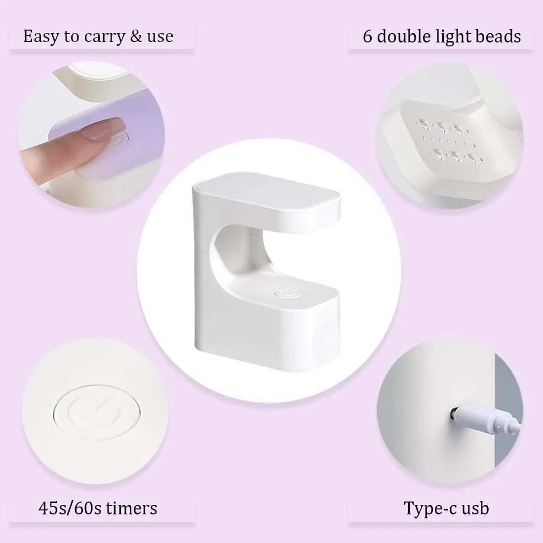 چراغ UV کوچک برای ناخن های ژلی، چراغ UV قابل حمل، چراغ ناخن ژلی، چراغ UV شارژی با 6 لامپ و 2 تایمر، خشک کن ناخن برای طراحی ناخن