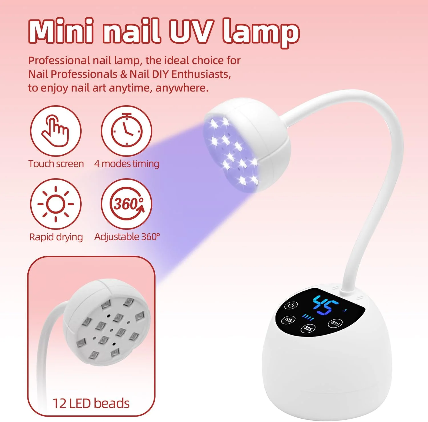 چراغ ناخن LED UV کوچک، نمایشگر LCD، حسگر خودکار هوشمند، چراغ ناخن بی سیم 36 وات، 12 مهره LED با منبع نور UV دوگانه، مناسب برای استفاده در منزل و سالن (سفید)