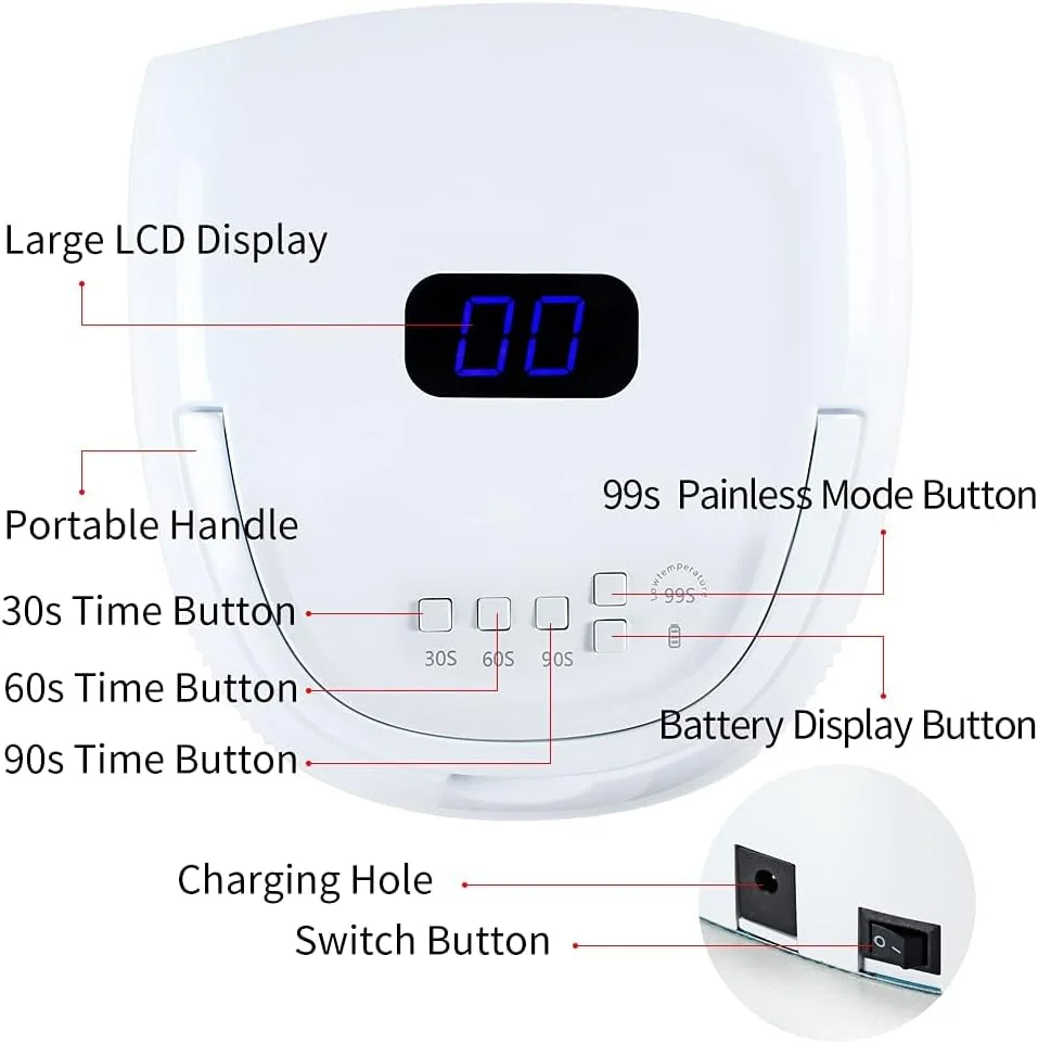 دستگاه خشک کن لاک ناخن UV LED 96 وات، سوهان برقی ناخن شارژی 30000 دور در دقیقه و چراغ ژلی ناخن قابل شارژ برای خشک کردن لاک ناخن UV با 4 تایمر، دستگاه خشک کن سریع حرفه ای برای سالن و خانه