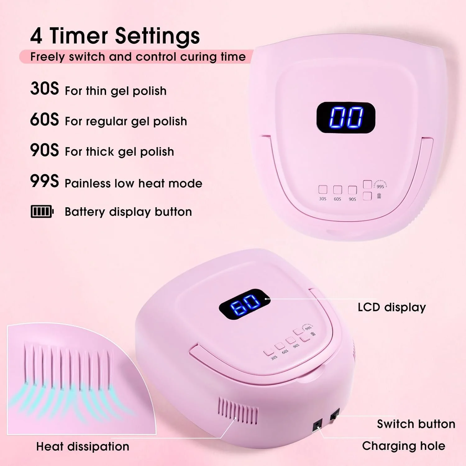 چراغ LED ناخن شارژی 60 وات، چراغ ژلی بی سیم با دسته قابل حمل و 42 عدد لامپ LED، خشک کن ناخن UV LED با حسگر خودکار، نور UV حرفه ای با 4 تایمر برای ناخن های ژلی