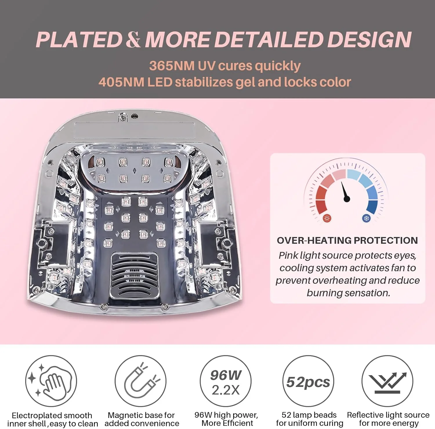 چراغ ناخن رزگلد 52-LED، 4 تایمر (10 تا 90 ثانیه)، خشک کردن سریع، کنترل از راه دور، هشدار صوتی، تاشو، دارای تهویه