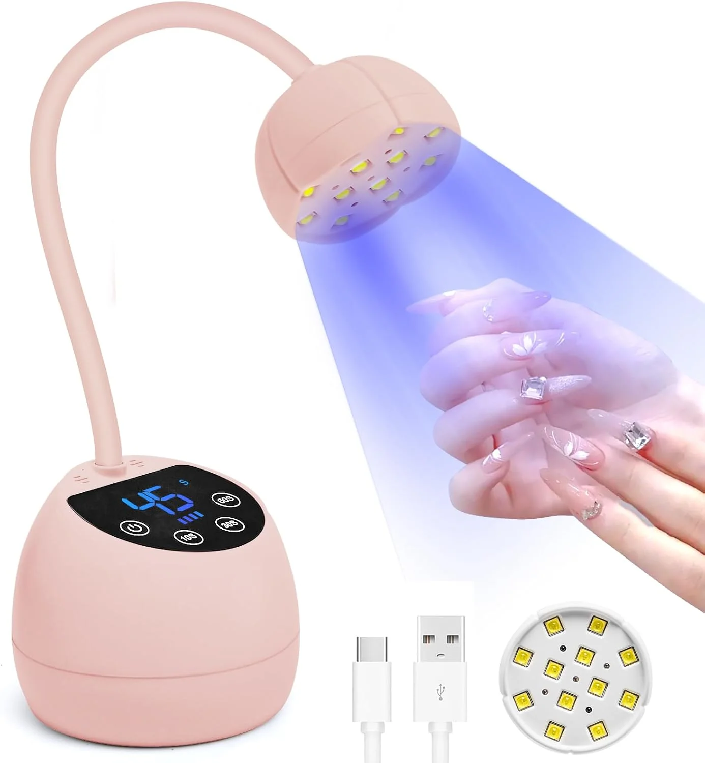 چراغ UV کوچک Lermende برای ناخن های ژلی با باتری 2000 میلی آمپر ساعتی، چراغ ناخن UV گردن غازی با 2 تایمر 45 ثانیه / 90 ثانیه، چراغ ژلی قابل حمل و شارژ / لامپ LED کیور ناخن در سالن یا DIY در خانه (M2(36W)-صورتی)