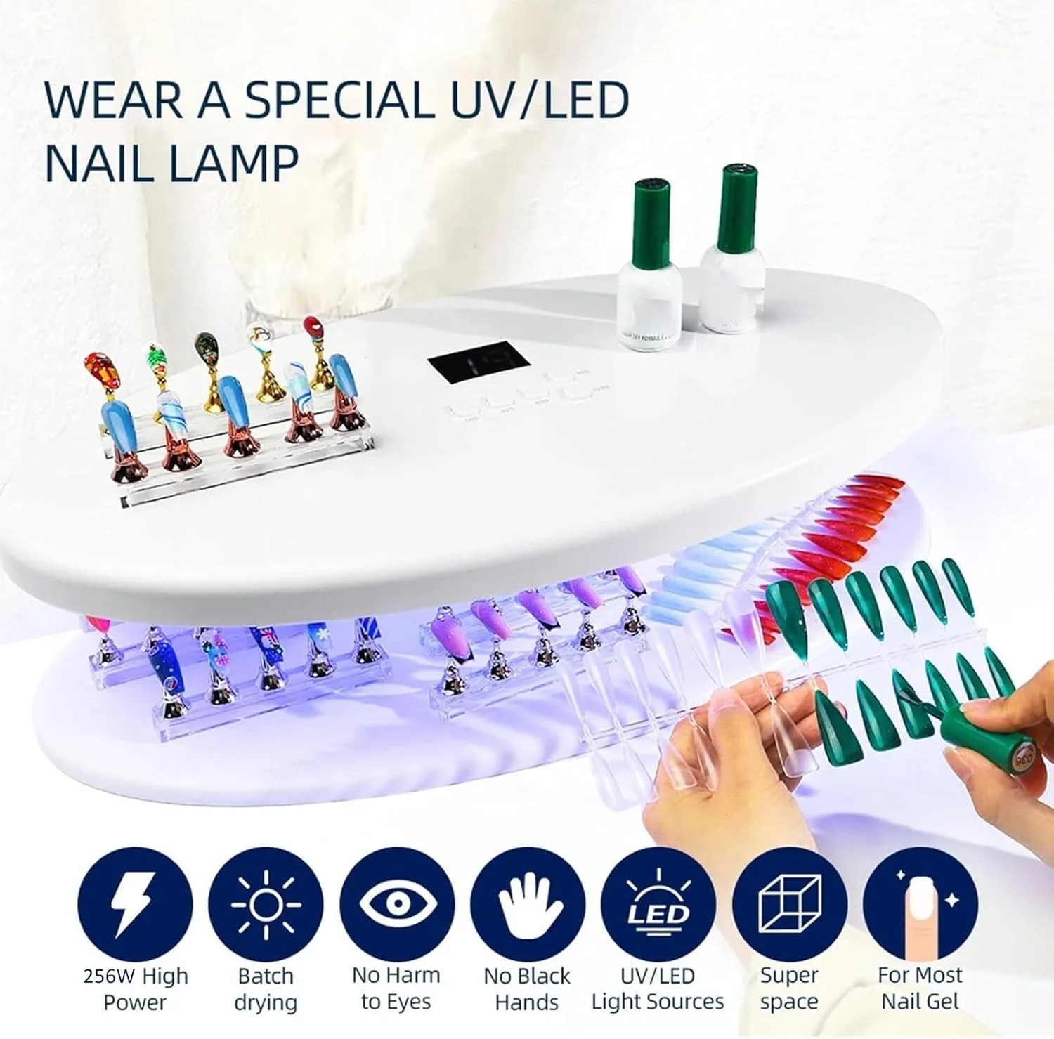 دستگاه خشک کن لاک ناخن پوشیدنی، لامپ LED ناخن 256 وات با تایمر 5 حالته، فضای داخلی جادار، منبع نور دوگانه، صفحه نمایش دیجیتال هوشمند، چراغ ناخن جداشدنی برای خشک کردن انواع لاک ژل
