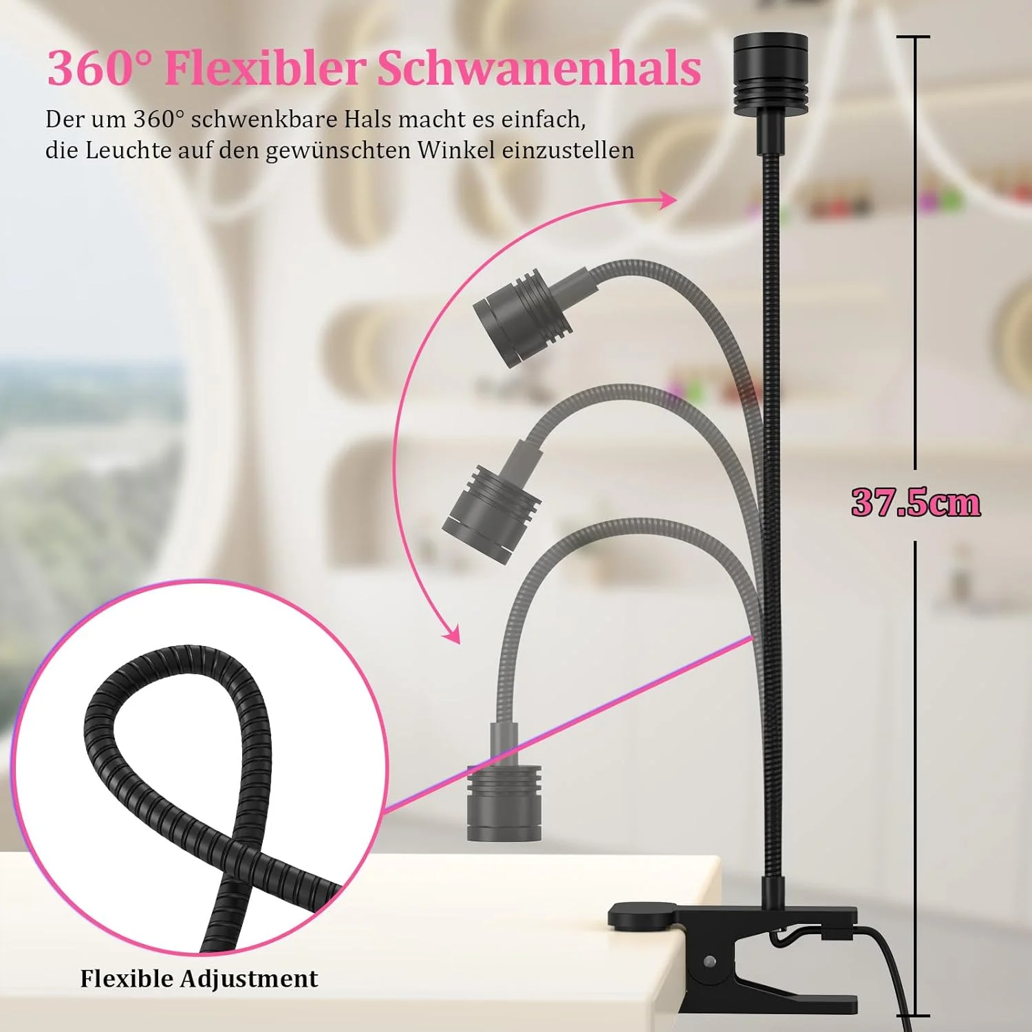 چراغ گردن‌غازی UV حرفه‌ای 3 وات، طراحی فلزی قابل تنظیم 360 درجه، منبع تغذیه USB برای طراحی و کاشت ناخن