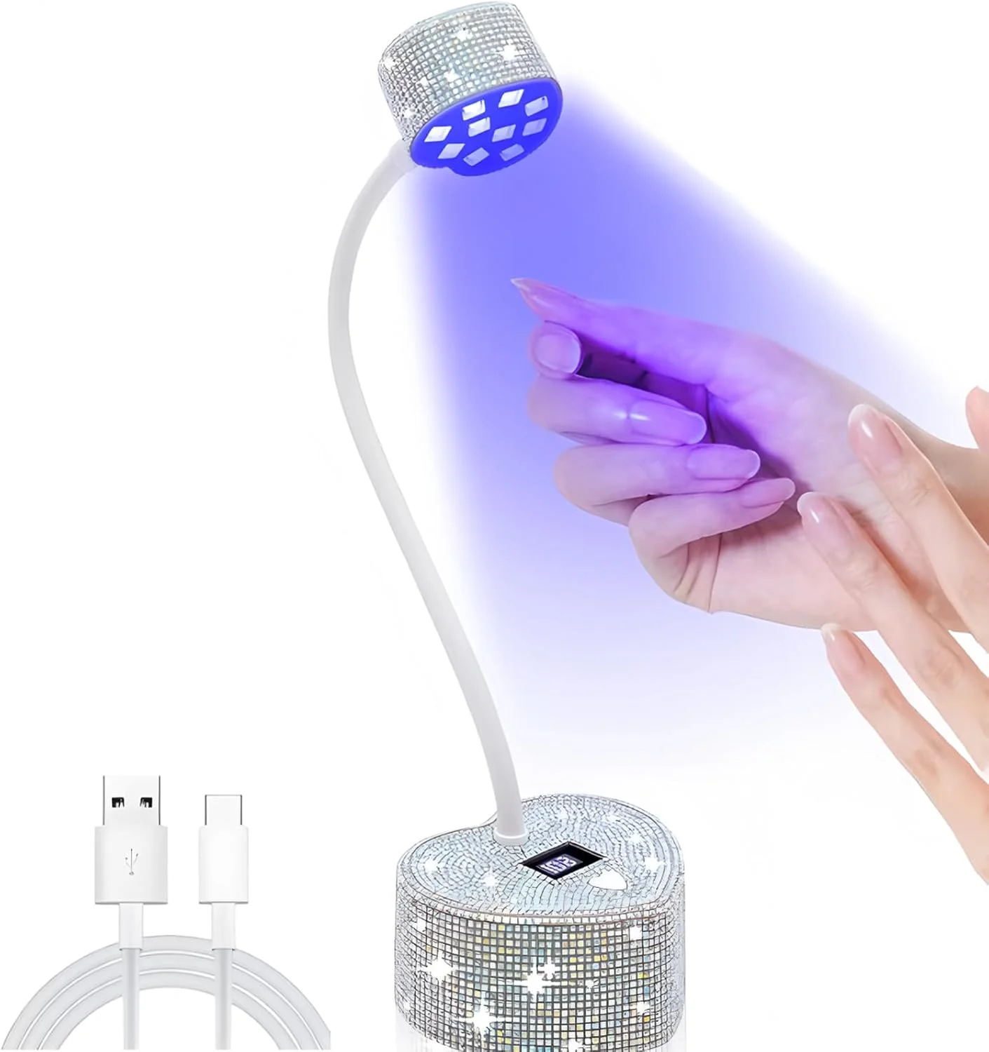 دستگاه خشک کن لاک ناخن UV LED، مینی لامپ ژلی، 30 وات قابل شارژ USB با 2 تایمر و صفحه نمایش LED برای مانیکور خانگی (نقره ای 1)