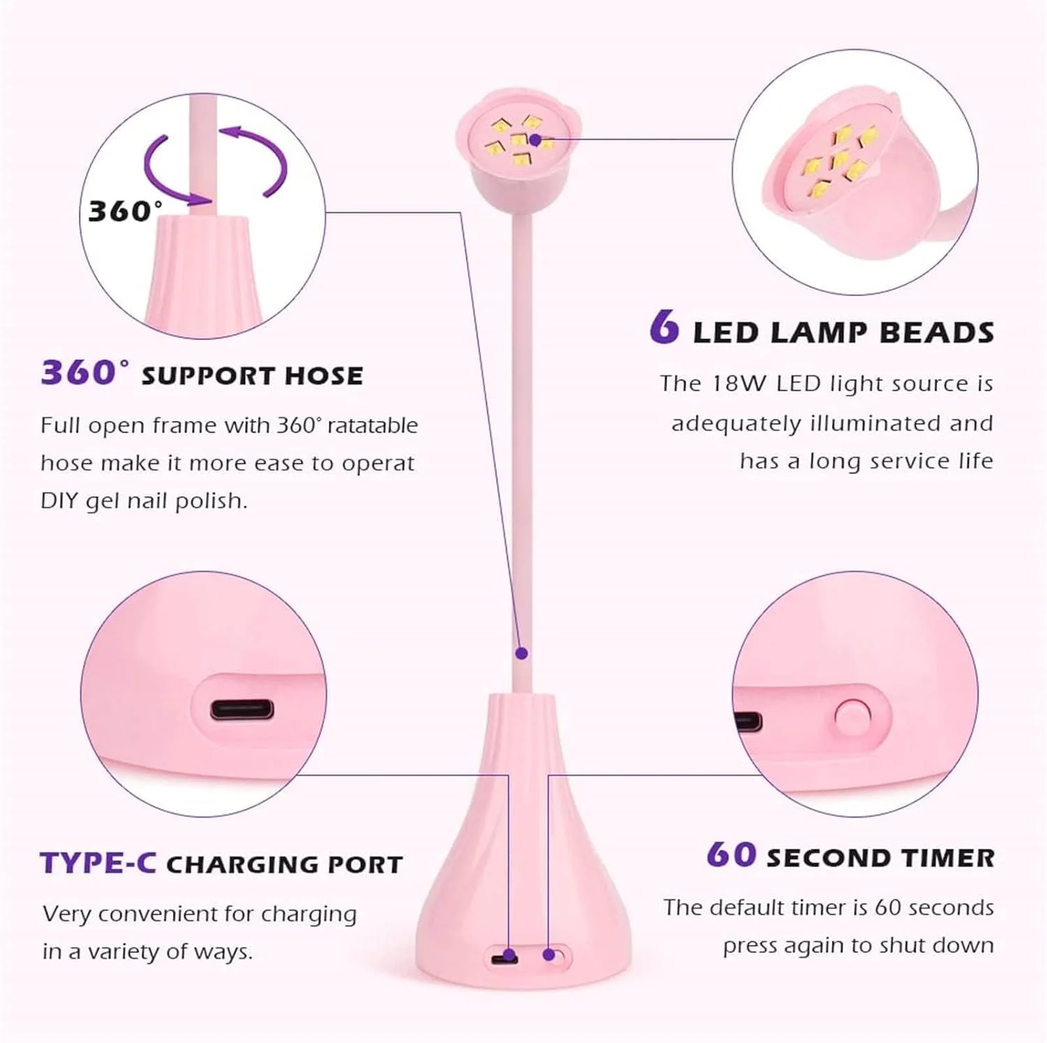 چراغ UV LED ناخن، خشک کن ناخن چرخشی بدون دست مینی لوتوس، چراغ خشک کن سریع قابل حمل با گردن غازی برای دکوراسیون مانیکور سالن خانگی