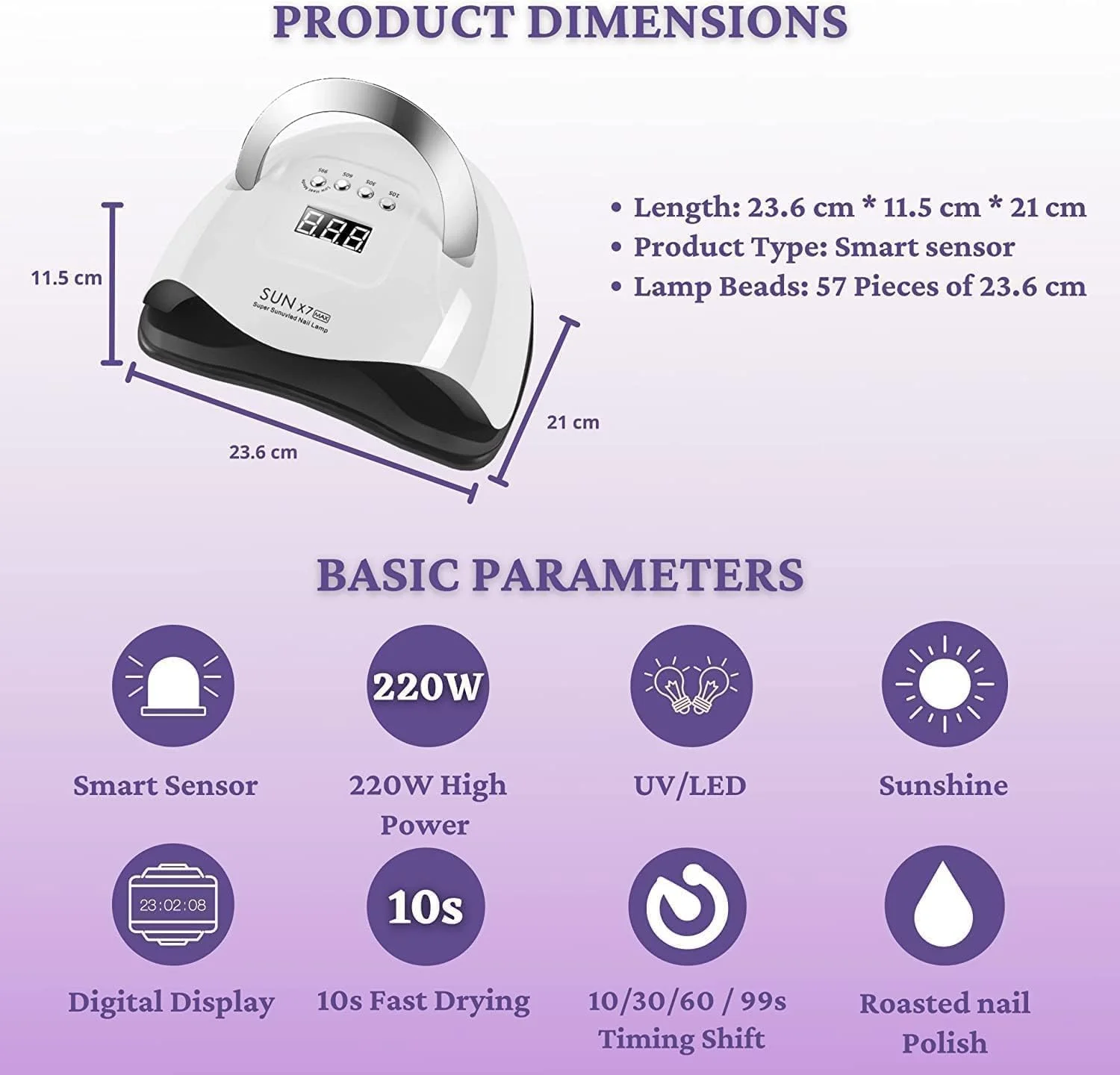 دستگاه خشک کن لاک ناخن UV LED 220 وات، خشک کننده سریع ناخن برای خانه و سالن، دستگاه خشک کن لاک ژل با سنسور اتوماتیک/4 تنظیم تایمر، ابزار حرفه ای طراحی ناخن با دسته