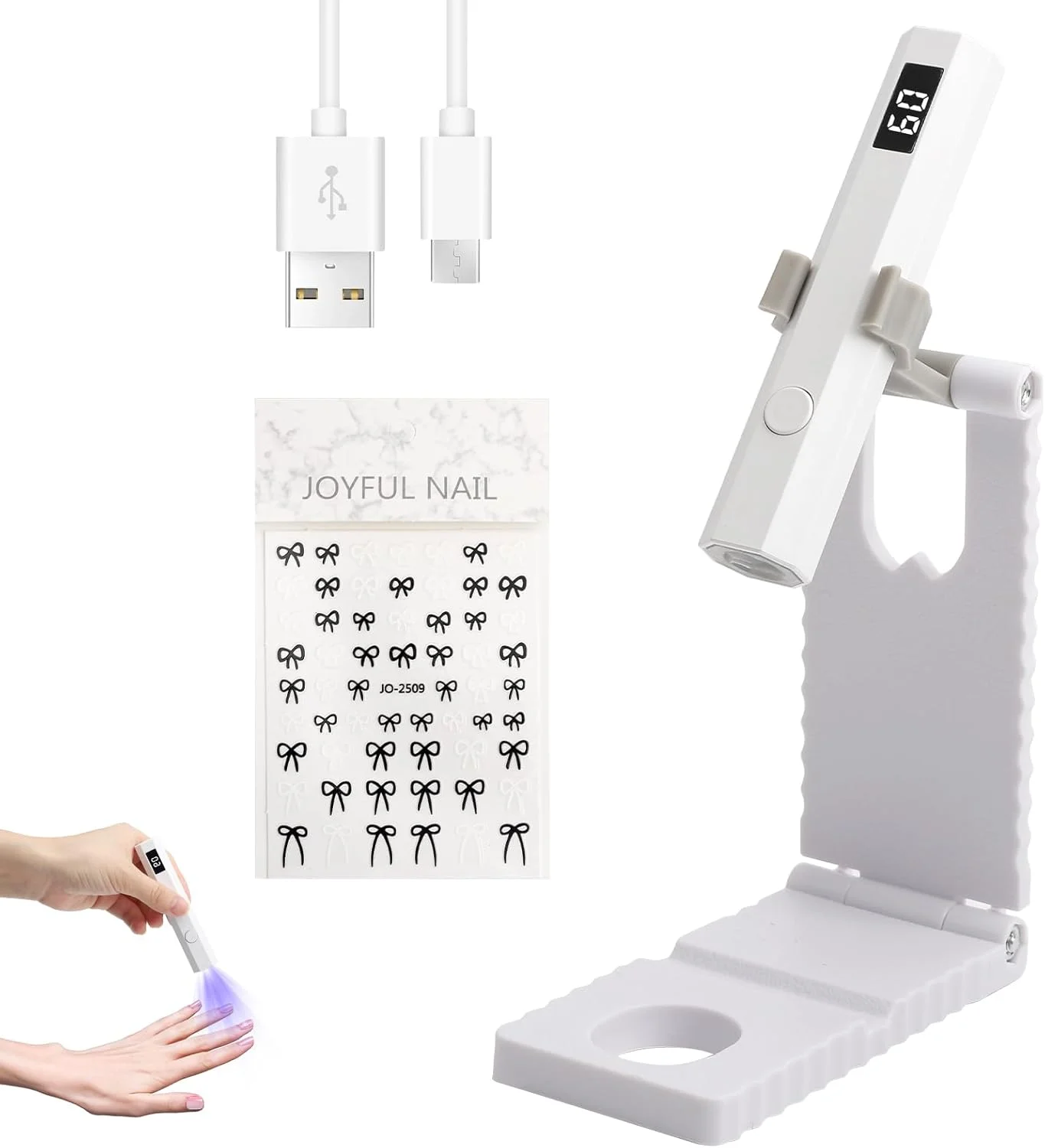چراغ UV کوچک سفید برای ناخن های ژلی با پایه، دارای 2 حالت تایمر و قابل شارژ، مناسب برای لاک ژل، ژل بیلدر، تیپ ناخن و خشک کن لاک