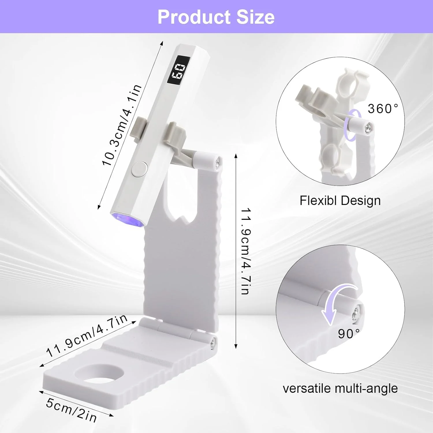 چراغ UV کوچک سفید برای ناخن های ژلی با پایه، دارای 2 حالت تایمر و قابل شارژ، مناسب برای لاک ژل، ژل بیلدر، تیپ ناخن و خشک کن لاک