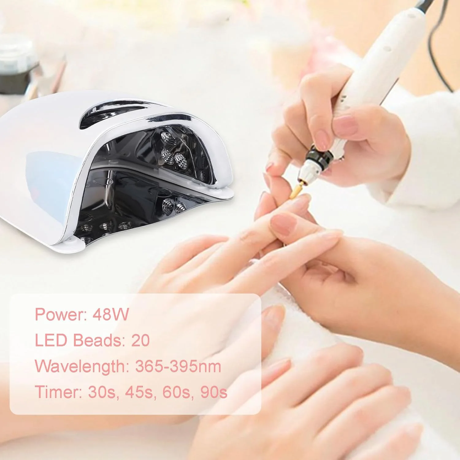 دستگاه خشک کن لاک ناخن LED، 48 وات، دارای سنسور هوشمند، مناسب لاک ژل، دارای 20 لامپ LED، دارای 4 تایمر (30، 45، 60 و 90 ثانیه) مناسب برای خانه و سالن، ابزار طراحی ناخن (دوشاخه GB)