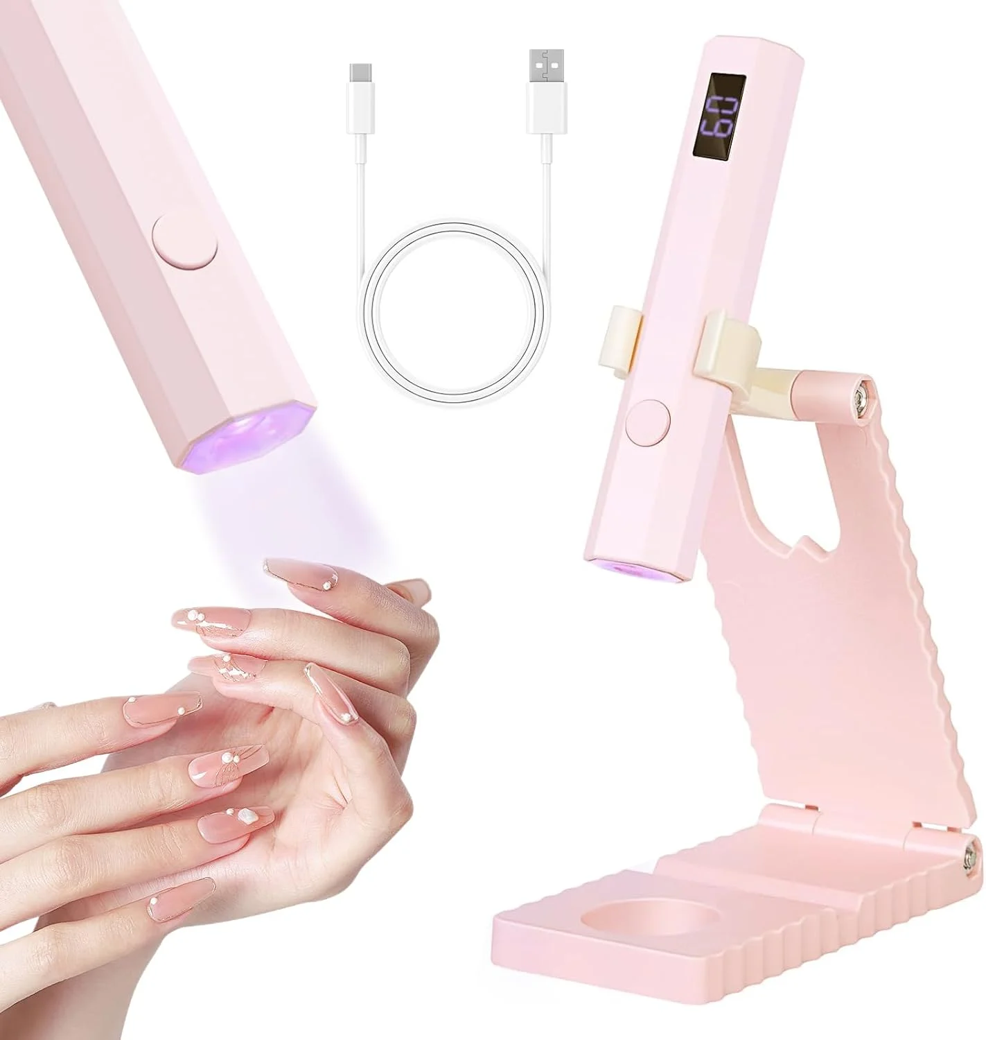 چراغ ژل ناخن UV کوچک با پایه، نمایشگر LED قابل شارژ با حالت تایمر 20/60 ثانیه، ایده آل برای مبتدیان سالن های خانگی