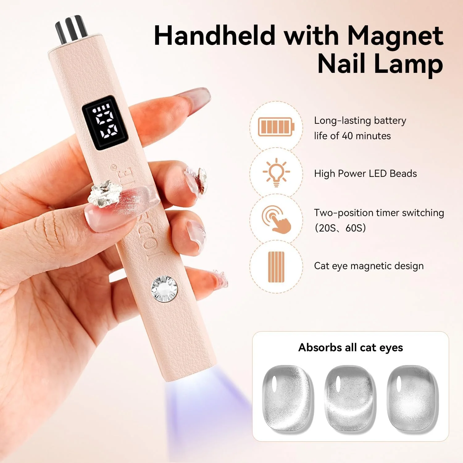 چراغ دستی یو وی JODSONE مینی با آهنربا، خشک کن ناخن قابل حمل، شارژی USB برای خشک کردن لاک ژل و ایجاد اثر چشم گربه ای - صورتی