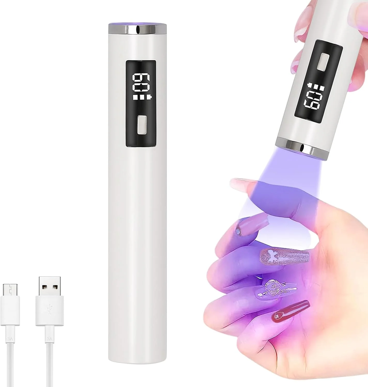 چراغ UV برای ناخن های ژلی، چراغ LED UV کوچک قابل شارژ با نمایشگر LCD برای ناخن ها، چراغ ناخن UV کوچک قابل حمل با 2 تایمر، 20/60 ثانیه، خشک کن ناخن برای همه لاک های ژل UV (سفید)