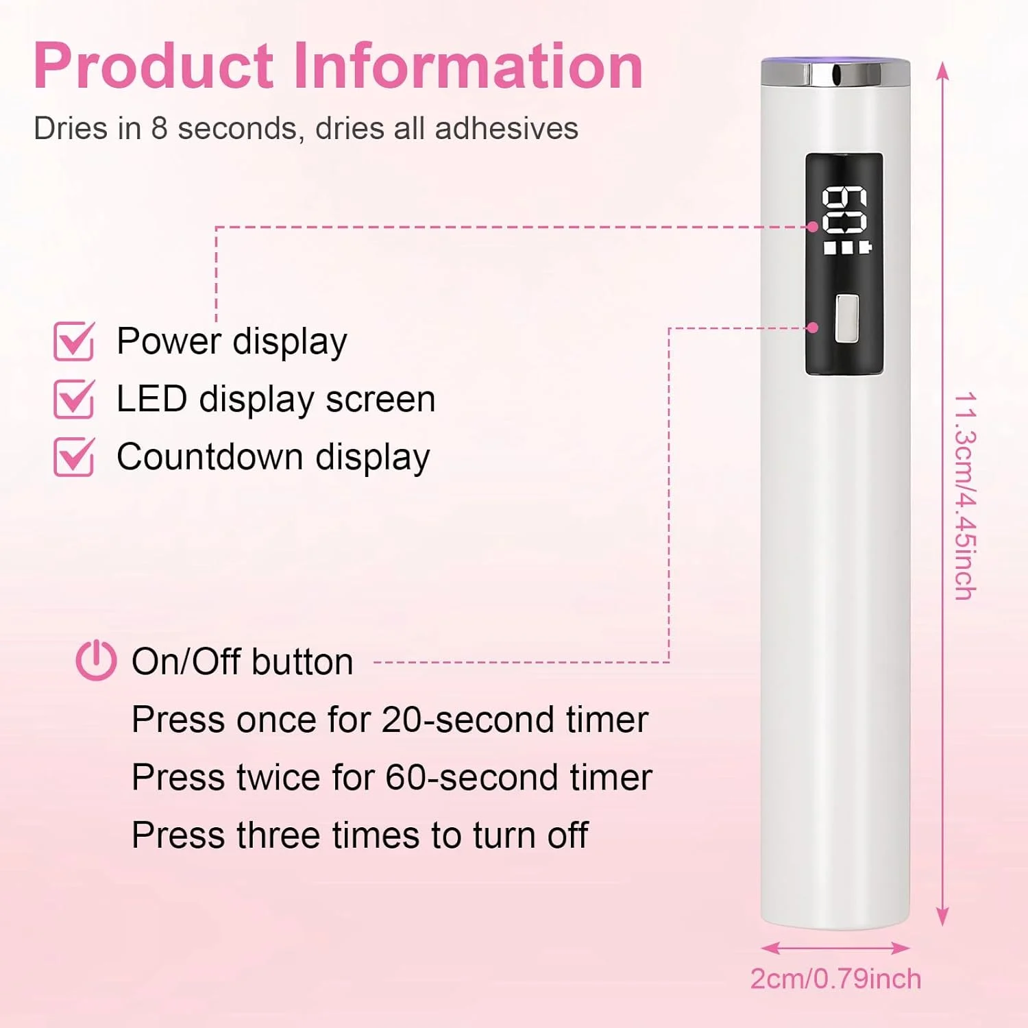 چراغ UV برای ناخن های ژلی، چراغ LED UV کوچک قابل شارژ با نمایشگر LCD برای ناخن ها، چراغ ناخن UV کوچک قابل حمل با 2 تایمر، 20/60 ثانیه، خشک کن ناخن برای همه لاک های ژل UV (سفید)