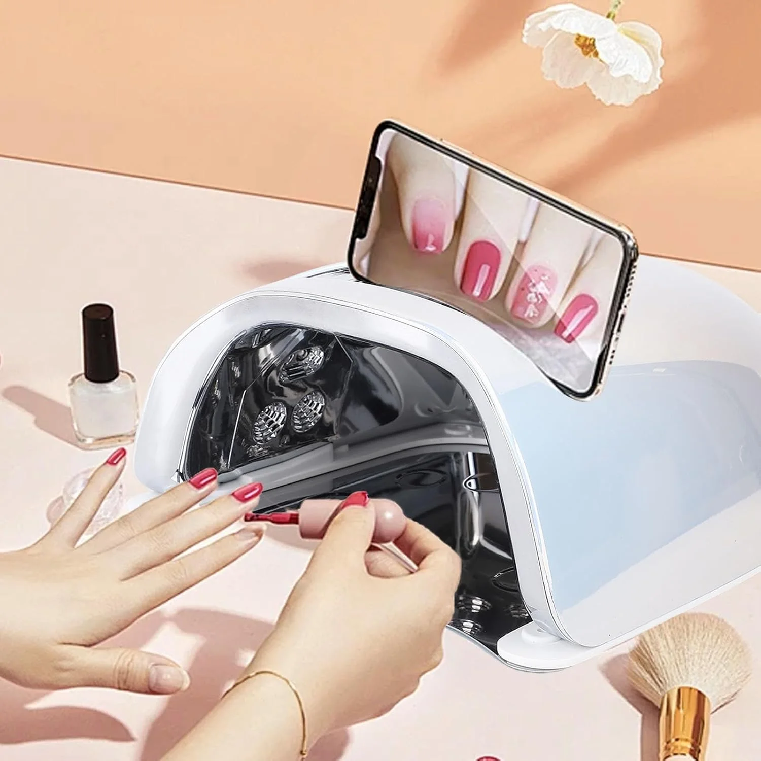 دستگاه خشک کن لاک ناخن ال ای دی 48 وات با طول موج دوگانه (365 نانومتر و 395 نانومتر)، دارای سنسور هوشمند، 4 تایمر، باتری قابل شارژ 5200 میلی آمپر ساعتی مناسب برای استفاده در سالن و منزل (پریز UK)