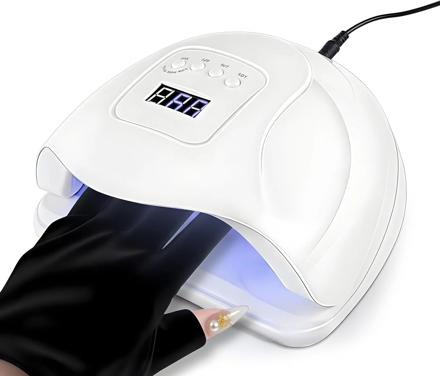 دستگاه خشک کن لاک ژل یو وی 120 وات به همراه دستکش مانیکور، دارای سنسور حرکتی، تایمر و 36 لامپ ال ای دی