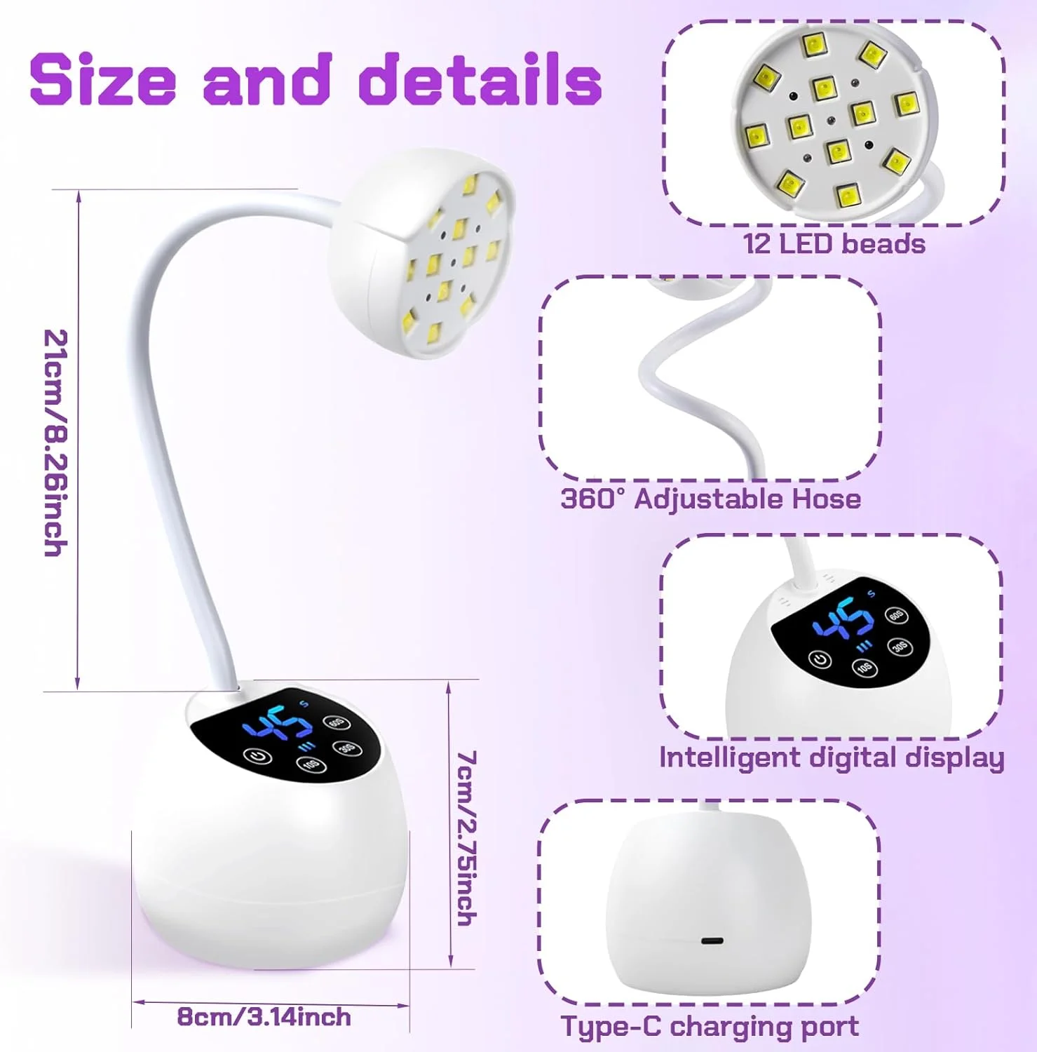 چراغ ناخن مینی UV، 12 لامپ ناخن مینی LED با سنسور اتوماتیک هوشمند و 4 تایمر، چراغ ناخن بی سیم، خشک کن لاک ژل ناخن، خشک کن ناخن 36 وات برای خانه