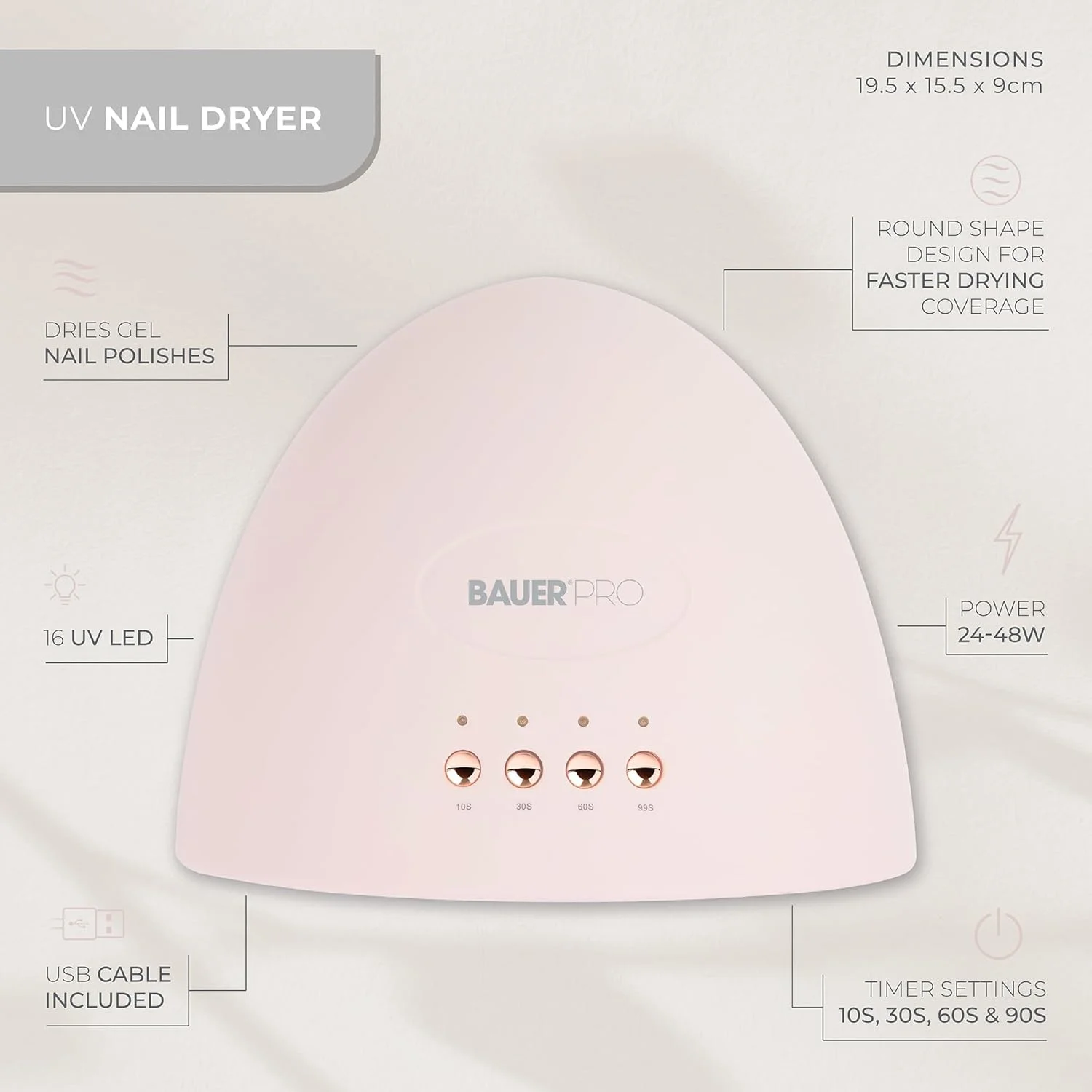 دستگاه خشک کن لاک ژل ناخن LED حرفه ای باور / چراغ ناخن قابل حمل 24 وات با 4 تنظیمات تایمر / لامپ خشک کننده با طول موج دوگانه با USB برای لاک ژل و طراحی ناخن 38699