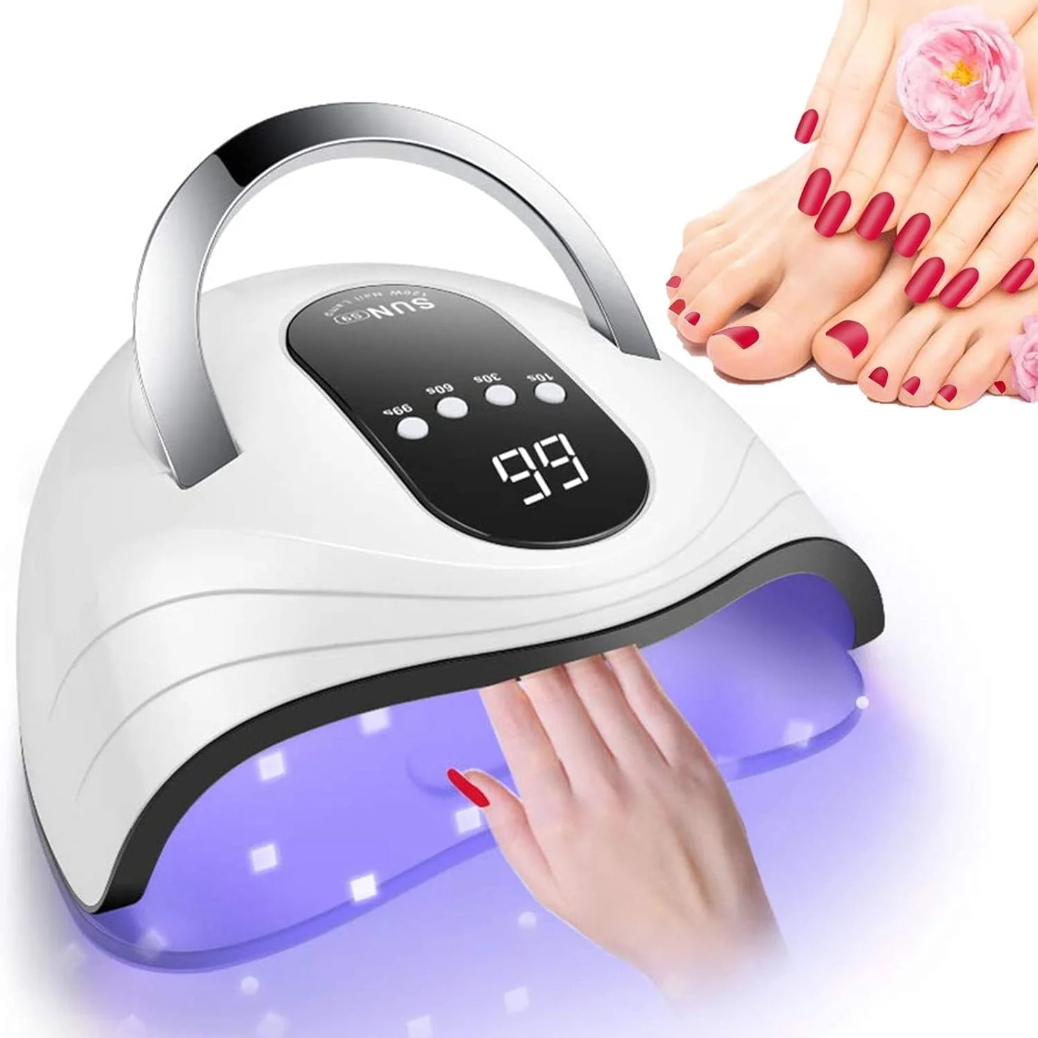 دستگاه خشک کن لاک ناخن UV LED، ۱۲۰ وات با ۴۲ لامپ LED و ۴ تایمر برای خشک کردن سریع لاک ژل، فضای بزرگ مناسب برای ناخن های دست و پا