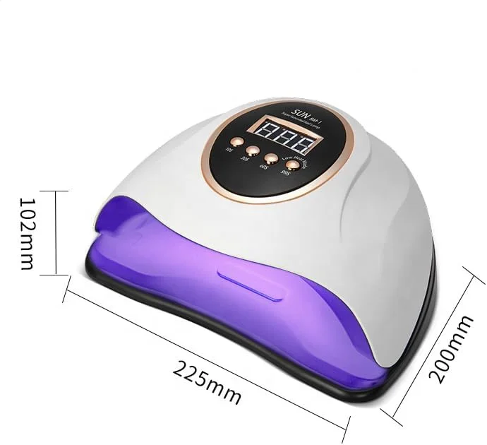 دستگاه خشک کن لاک ناخن UV LED مدل SUN BM-1 با توان 180/280 وات، مناسب برای استفاده حرفه ای، دارای 45/66 لامپ LED، سنسور خودکار، تایمر 10/30/60/99 ثانیه، مناسب برای استفاده در منزل و سالن، جنس ABS، رنگ سفید