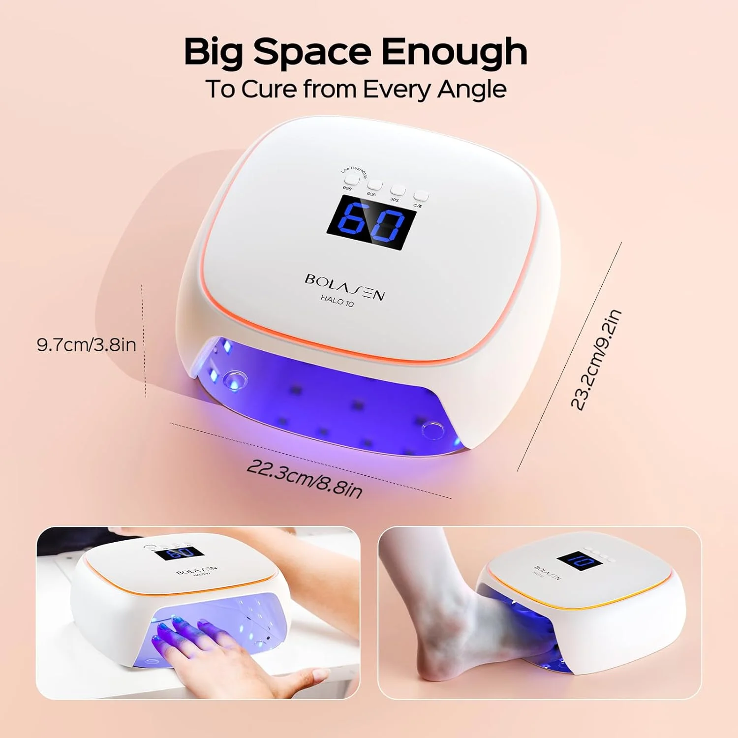 دستگاه خشک کن لاک ژل ناخن ال ای دی یو وی 60 وات بولاسن با پایه فلزی، فناوری سرامیکی، بدون آسیب پوستی، نور ملایم - Halo 10
