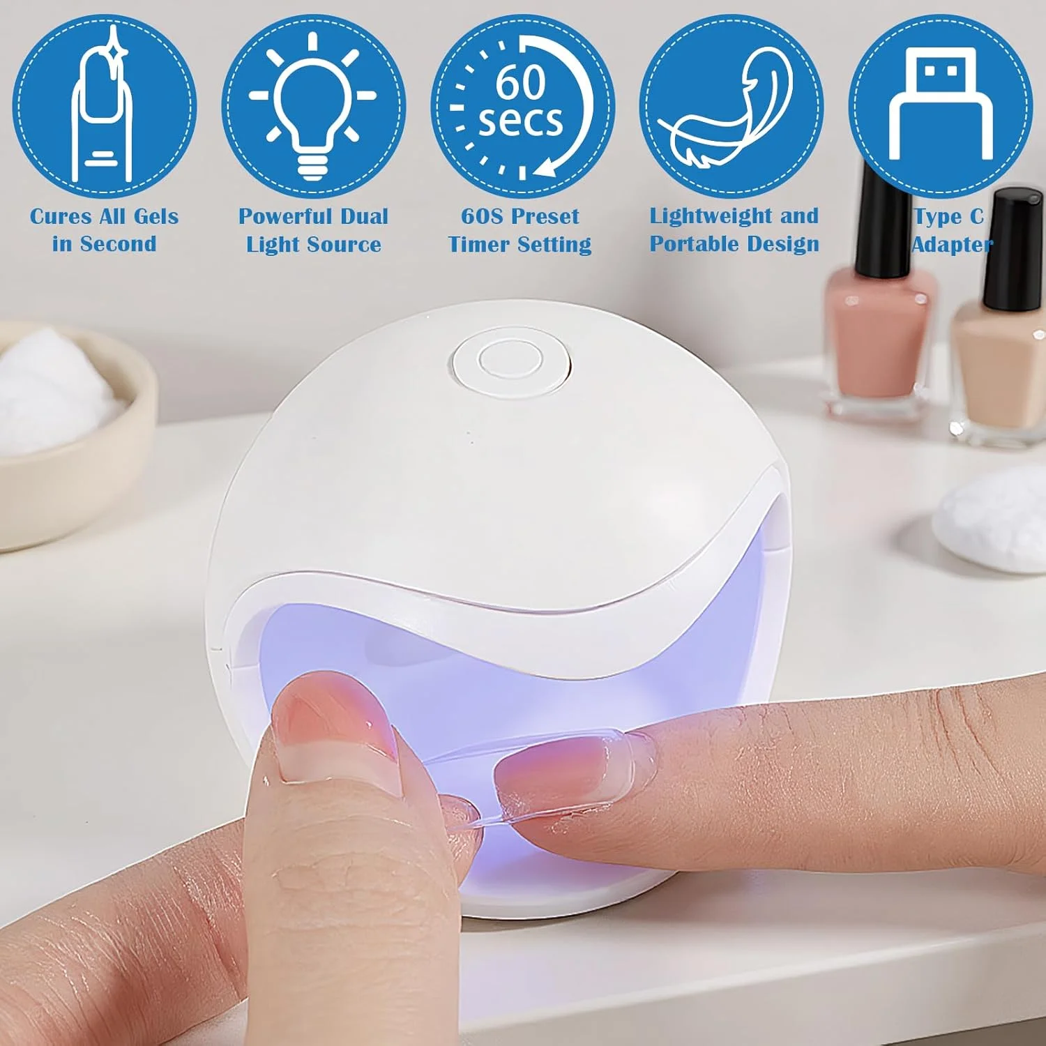 چراغ LED UV کوچک، چراغ UV کوچک برای خشک کن ناخن، چراغ LED ژل حرفه ای، چراغ UV قابل حمل با 2 تایمر (60 ثانیه / 120 ثانیه) برای مانیکور خانگی در منزل
