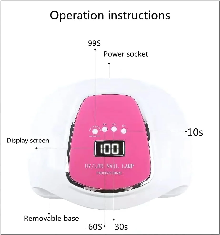 دستگاه خشک کن لاک ژل ناخن UV LED حرفه ای با نمایشگر دیجیتال - 4 تنظیمات تایمر (10s/30s/60s/99s)، پایه جداشدنی، صورتی و سفید، خشک کن سریع لاک ژل برای دست و پا
