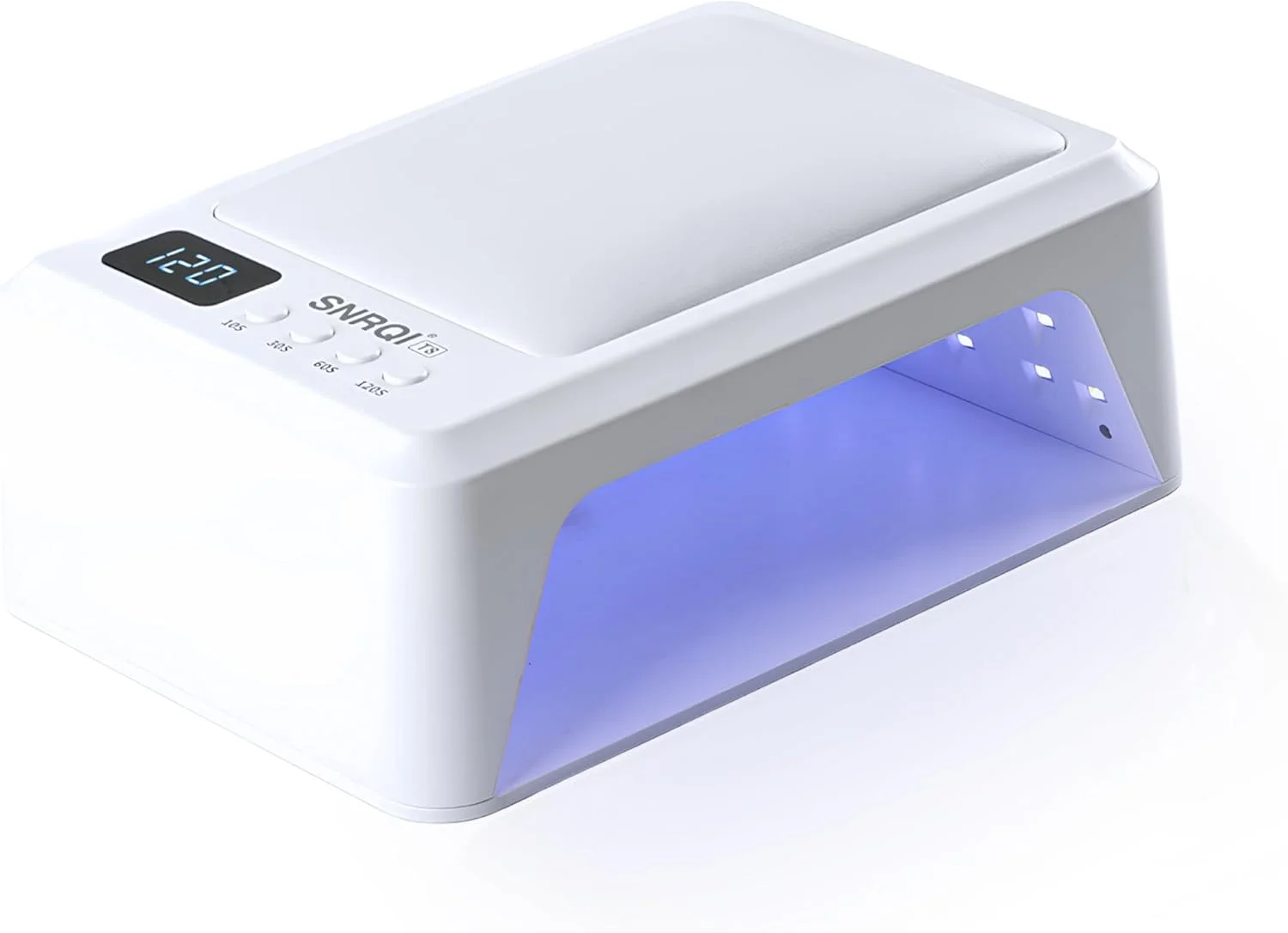 دستگاه خشک کن لاک ژل اس ان آر کیو آی مدل T8 با توان 120 وات، دارای لامپ های ال ای دی یو وی و 4 تنظیمات تایمر (10، 30، 60 و 120 ثانیه)، مناسب استفاده حرفه ای در سالن و منزل، خشک کردن سریع، کم مصرف و دارای لامپ های ال ای دی بادوام - سفید