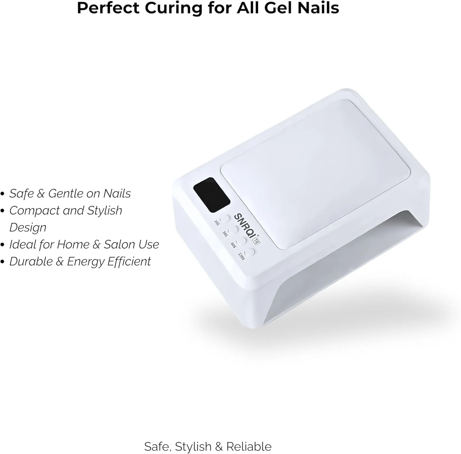 دستگاه خشک کن لاک ژل اس ان آر کیو آی مدل T8 با توان 120 وات، دارای لامپ های ال ای دی یو وی و 4 تنظیمات تایمر (10، 30، 60 و 120 ثانیه)، مناسب استفاده حرفه ای در سالن و منزل، خشک کردن سریع، کم مصرف و دارای لامپ های ال ای دی بادوام - سفید