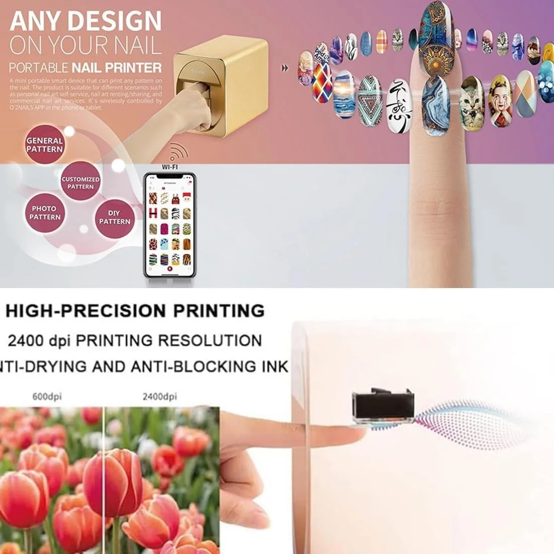 دستگاه چاپ ناخن قابل حمل سه بعدی، دستگاه چاپ طرح ناخن برای استفاده خانگی و سالن ناخن، عملکرد تلفن همراه برای حمل در سفر، مهمانی، رویداد
