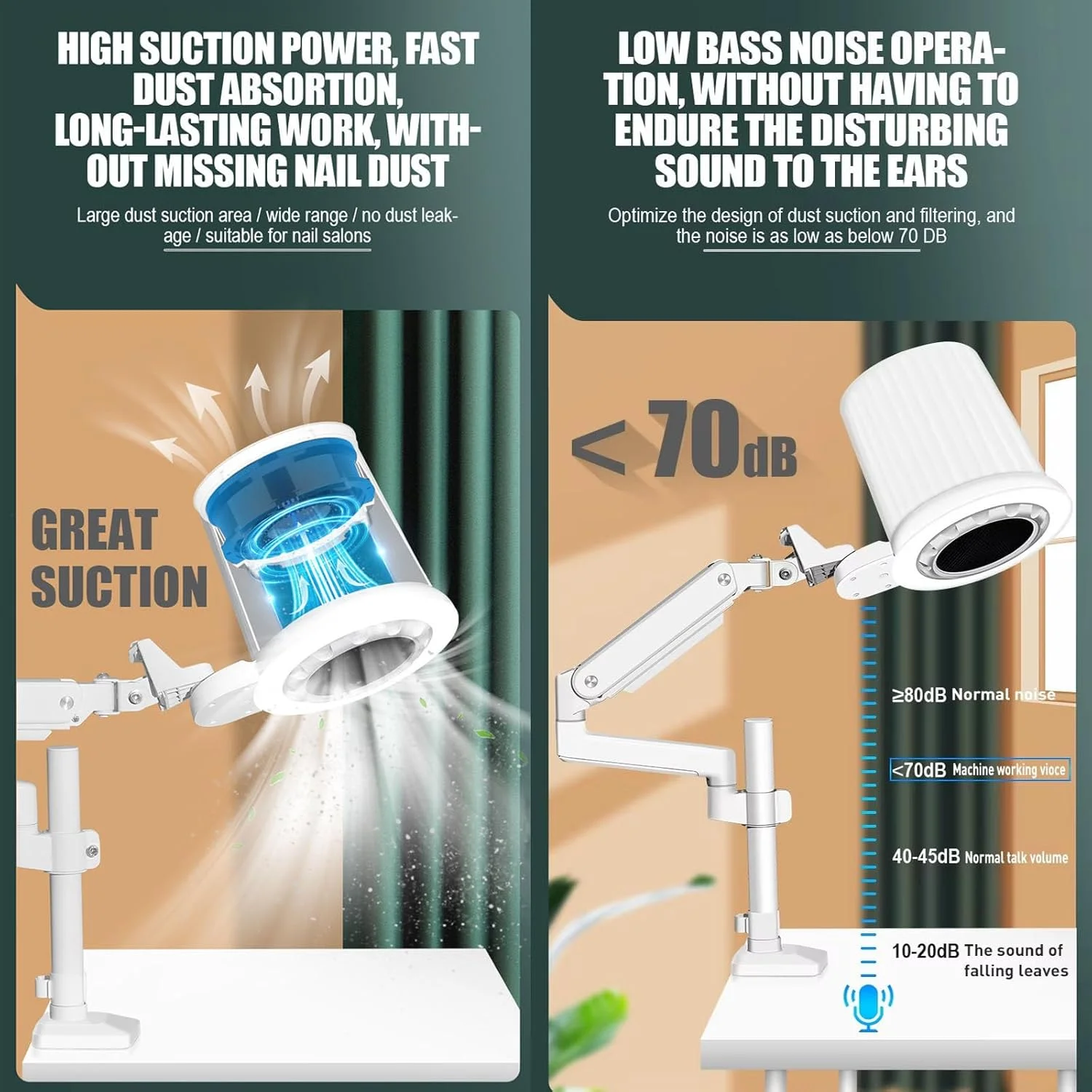 دستگاه جمع کننده گرد و غبار ناخن کم صدا با لامپ LED، مکنده قوی گرد و غبار ناخن، مناسب برای مانیکور ناخن، سالن و منزل