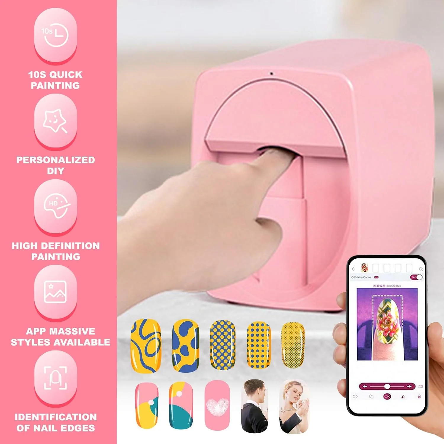 دستگاه چاپ ناخن سه بعدی | دستگاه قابل حمل طراحی ناخن | کنترل/گالری طرح/تشخیص لبه ناخن با اپلیکیشن | مناسب برای سالن ناخن/ناخن کار/علاقه مندان، صورتی