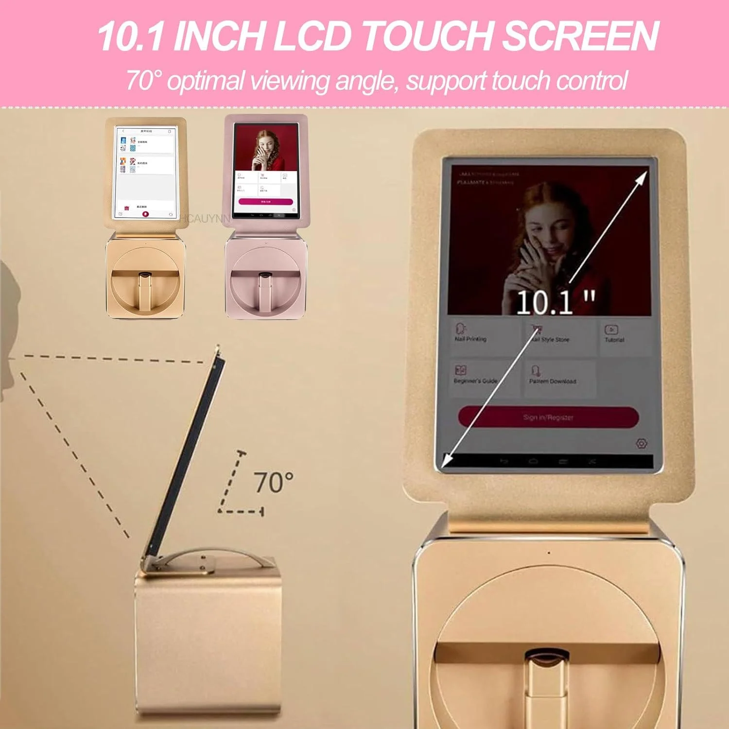 دستگاه چاپ طرح ناخن، وضوح چاپ بالا، صفحه نمایش لمسی LED، سرعت طراحی 35 ثانیه، برای علاقه مندان به ناخن، طلایی