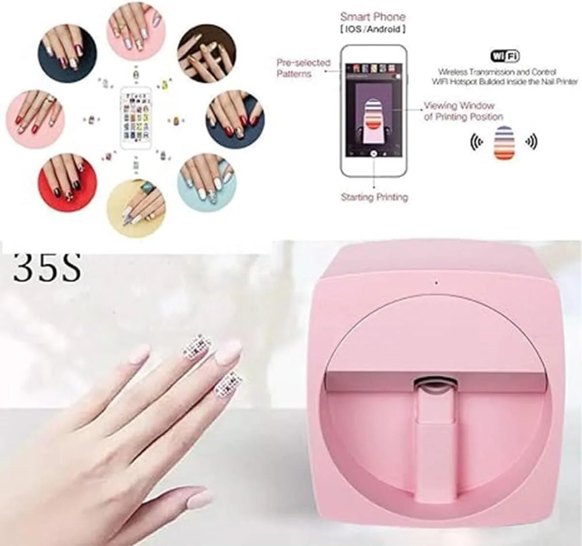 دستگاه چاپ ناخن دیجیتال موبایل، دستگاه طراحی ناخن قابل حمل، کنترل با تلفن هوشمند، رزولوشن بالا، مناسب برای سالن ناخن، سفید