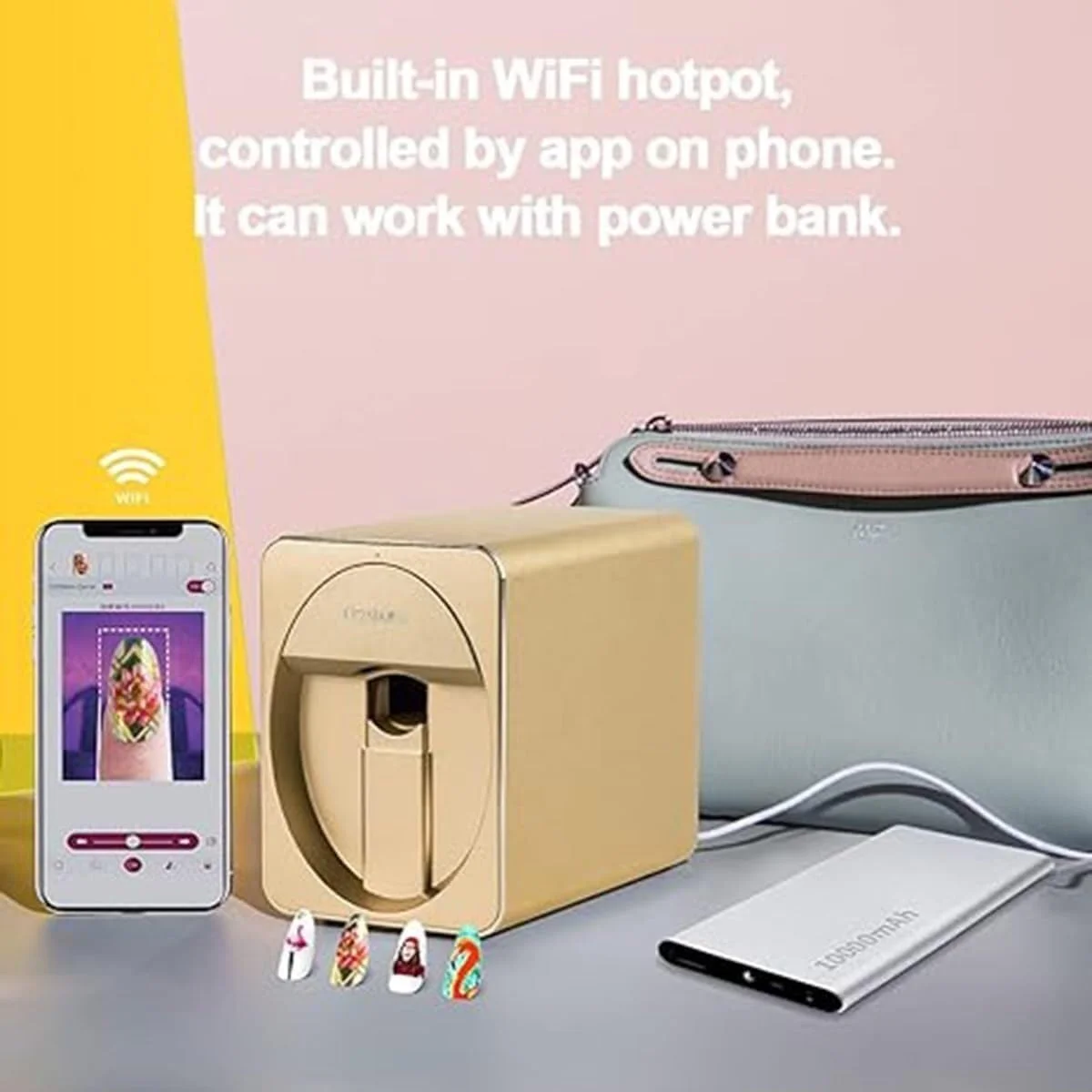 دستگاه چاپ ناخن دیجیتال موبایل، دستگاه طراحی ناخن قابل حمل، کنترل با تلفن هوشمند، رزولوشن بالا، مناسب برای سالن ناخن، سفید