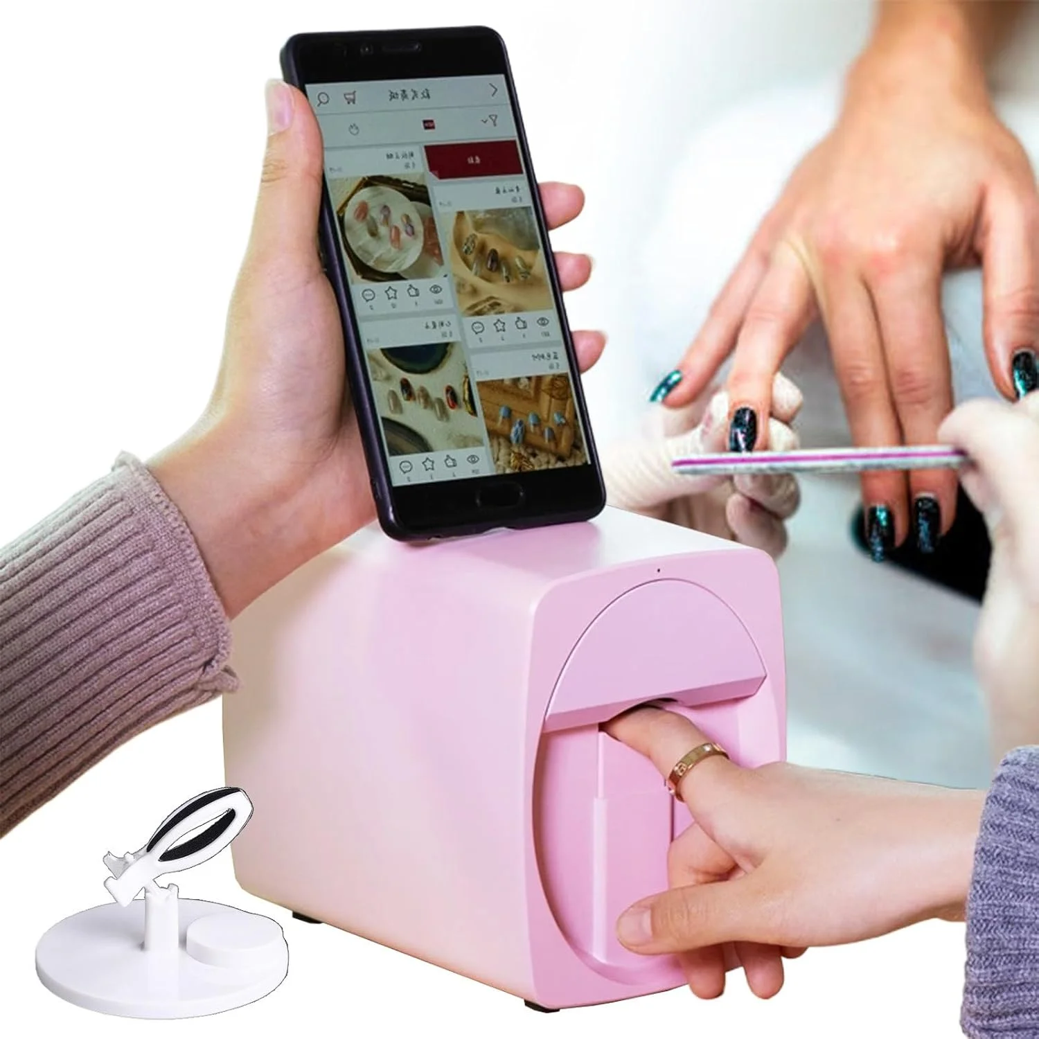 دستگاه چاپ طرح روی ناخن دیجیتال موبایل، دستگاه طراحی ناخن، طرح های DIY، چاپگر اتوماتیک سه بعدی مانیکور با پایه نگهدارنده بطری لاک ناخن برای ناخن های مصنوعی، صورتی