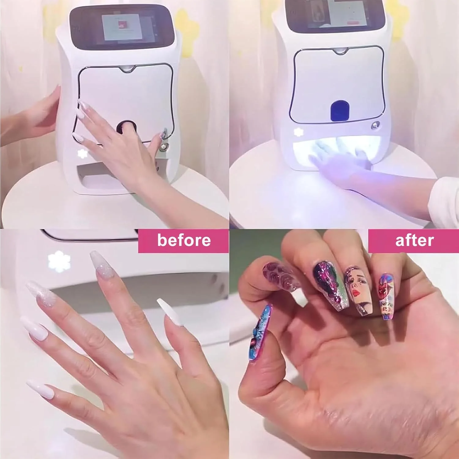 دستگاه چاپ طرح ناخن حرفه ای، دستگاه خشک کن ناخن سالن خانگی قابل حمل، دستگاه چاپ ناخن موبایل با صفحه لمسی سه بعدی، طراحی، چاپ و تزیین ناخن در 10 ثانیه