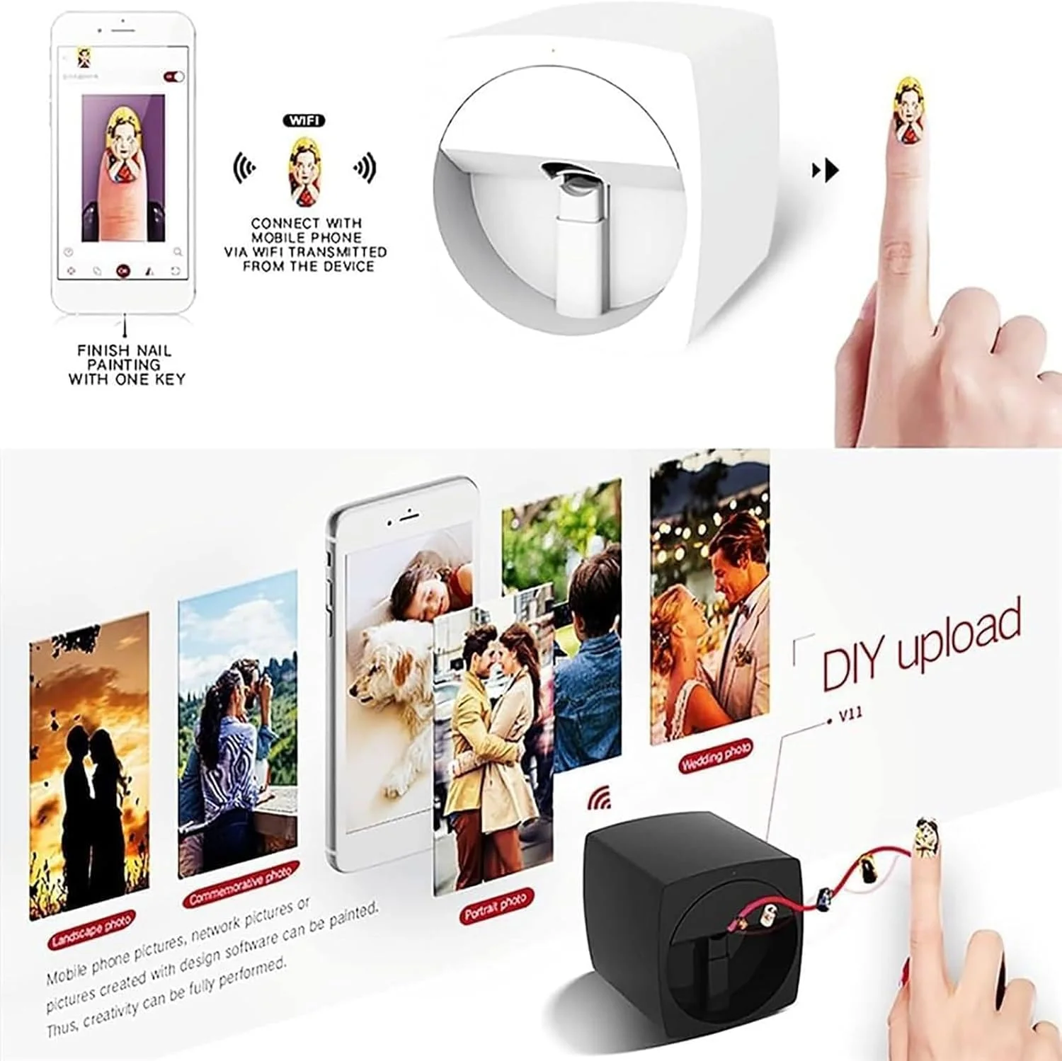 چاپگر هوشمند ناخن، چاپگر مینی ناخن موبایل با کیفیت بالا 2400Dpi، دستگاه چاپ هنر ناخن قابل حمل، چاپ حرفه ای هنر هوشمند DIY