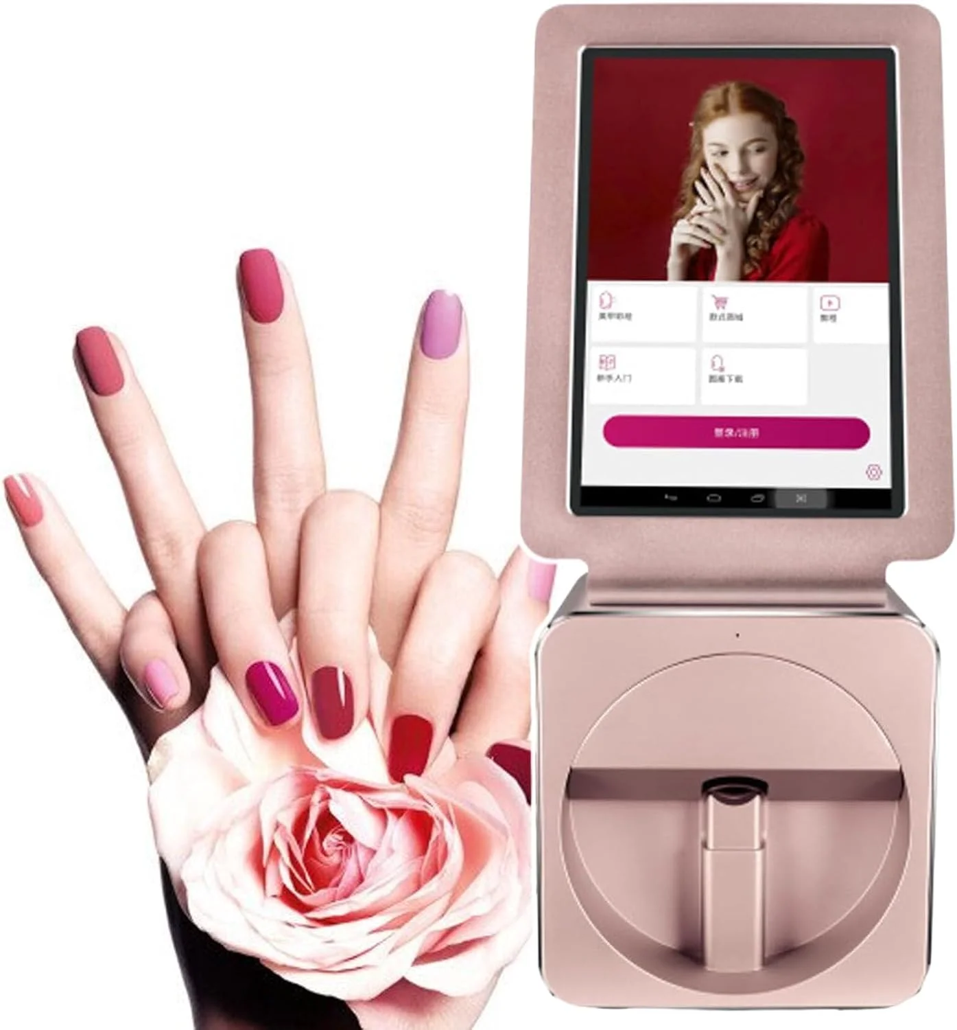 دستگاه چاپ طرح ناخن قابل حمل، دستگاه طراحی ناخن، کنترل هوشمند با اپلیکیشن، شناسایی خودکار، مناسب برای استودیو خانگی ناخن، رزگلد