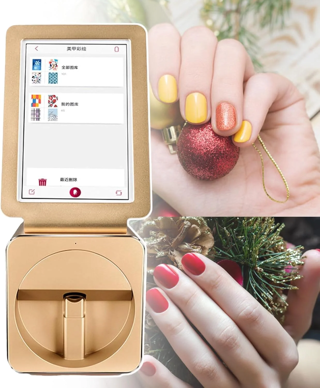 دستگاه چاپ طرح ناخن با صفحه لمسی 10.1 اینچی، دستگاه نقاشی ناخن رومیزی قابل حمل برای علاقه مندان به هنر ناخن، طلایی
