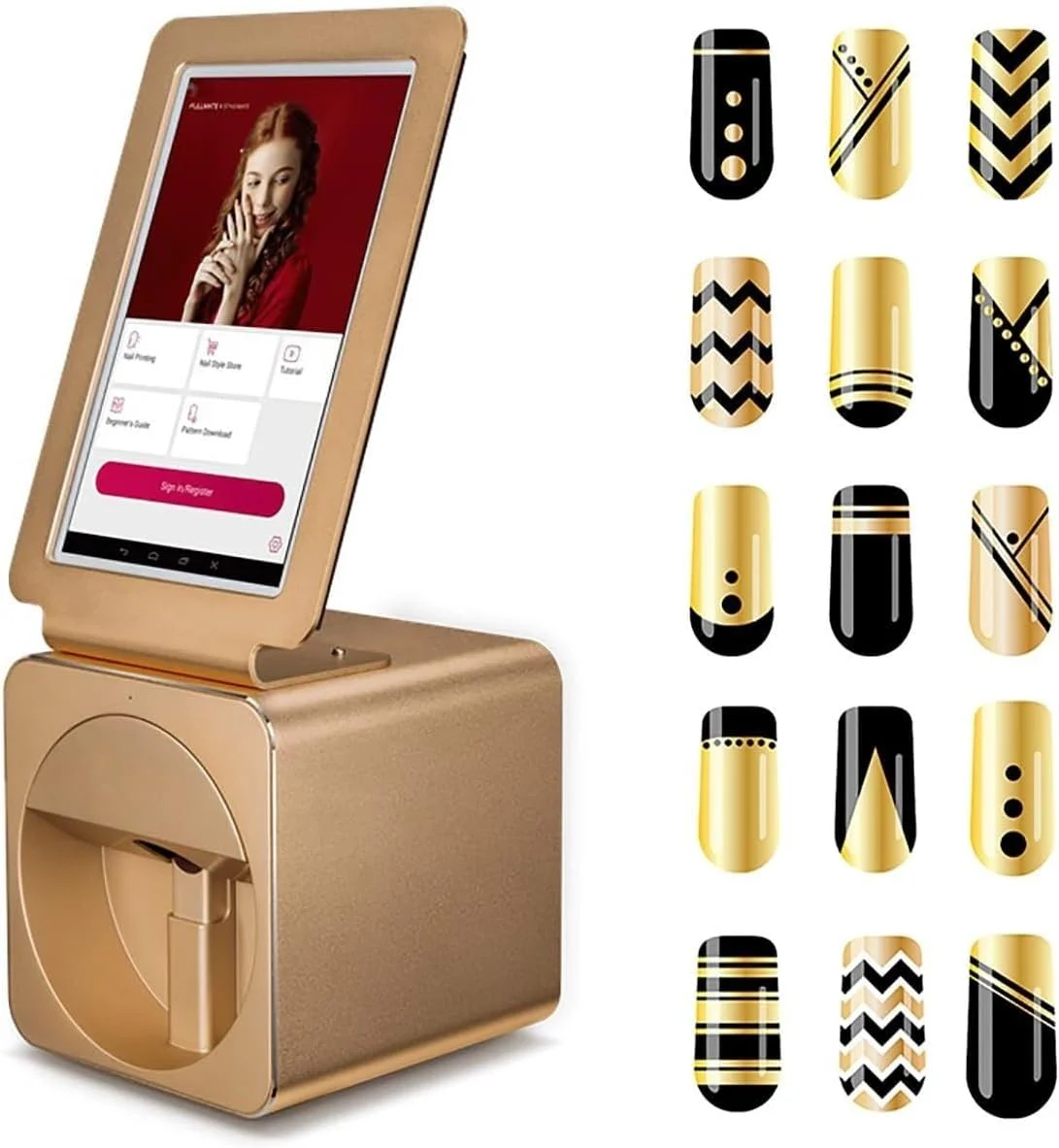 دستگاه چاپ ناخن اتوماتیک، دستگاه موبایل طراحی ناخن، چاپ حرفه ای طراحی ناخن، مناسب برای استفاده در سالن های آرایشی، طلایی