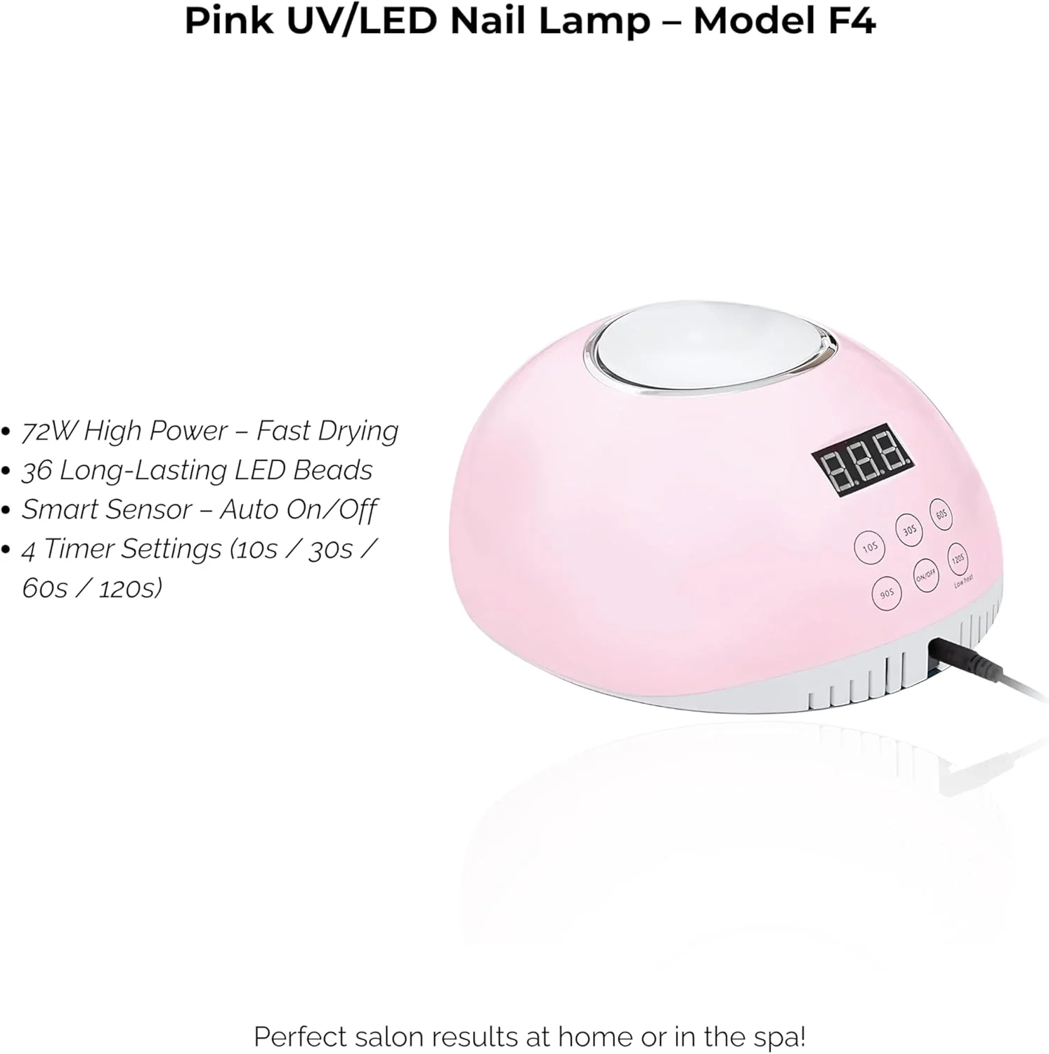 دستگاه خشک کن لاک ژل ناخن UV LED صورتی 72 وات - مدل F4 حرفه ای با 36 لامپ LED، سنسور هوشمند و 4 تنظیمات تایمر برای استفاده در سالن و منزل