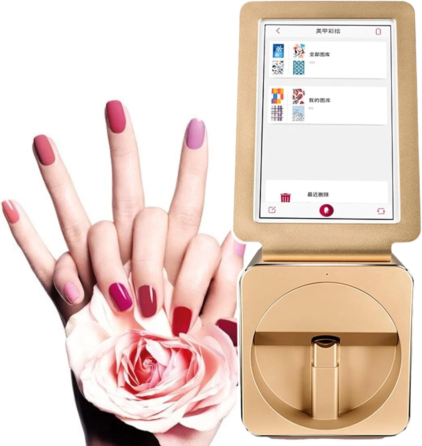 دستگاه چاپ ناخن قابل حمل، دستگاه طراحی ناخن، کنترل هوشمند برنامه، شناسایی خودکار برای استودیو خانگی ناخن، طلایی